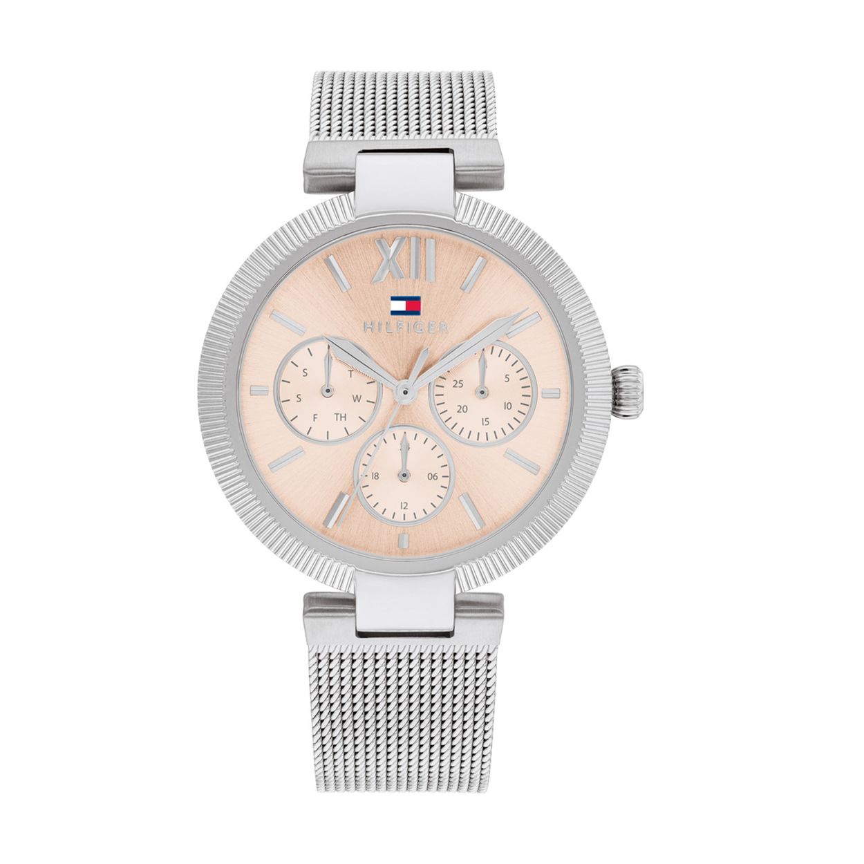 Tommy Hilfiger TH178693 Horloge Dames Staal Zilverkleurig 36mm
Dit specifieke horloge van Tommy Hilfiger uit de Sophia serie met artikelnr: TH1782693 is een sportief chique dameshorloge die niet in je collectie mag ontbreken. Het stalen dameshorloge heeft een ronde zilverkleurige kast met een gekartelde bezel en een roze sunray wijzerplaat met een dag,- datum en 24-uursaanduiding. Met een speciale aanzet de kast zit een fijne zilverkleurige milanese band. Het horloge heeft een mineraalglas, een doorsnee van 36mm en is 3ATM.  

Het merk:
Sinds de lancering van het merk in 1985 is Tommy Hilfiger wereldwijd bekend geworden als pionier van de klassieke Amerikaanse coole stijl. GeÃ¯nspireerd door de iconische popcultuur en het Amerikaanse erfgoed. De dames en herencollectie van dit seizoen bestaan uit minimalistische silhouetten en rustieke lederen details. De herenhorlogecollectie biedt iconische uurwerken met roestvrijstalen, lederen en siliconen banden.

Specificaties:
- Mineraalglas 
- Ronde kast 36mm
- Zilverkleurige horlogekast
- Roze sunray wijzerplaat 
- Zilverkleurige milanese band 
- 3ATM