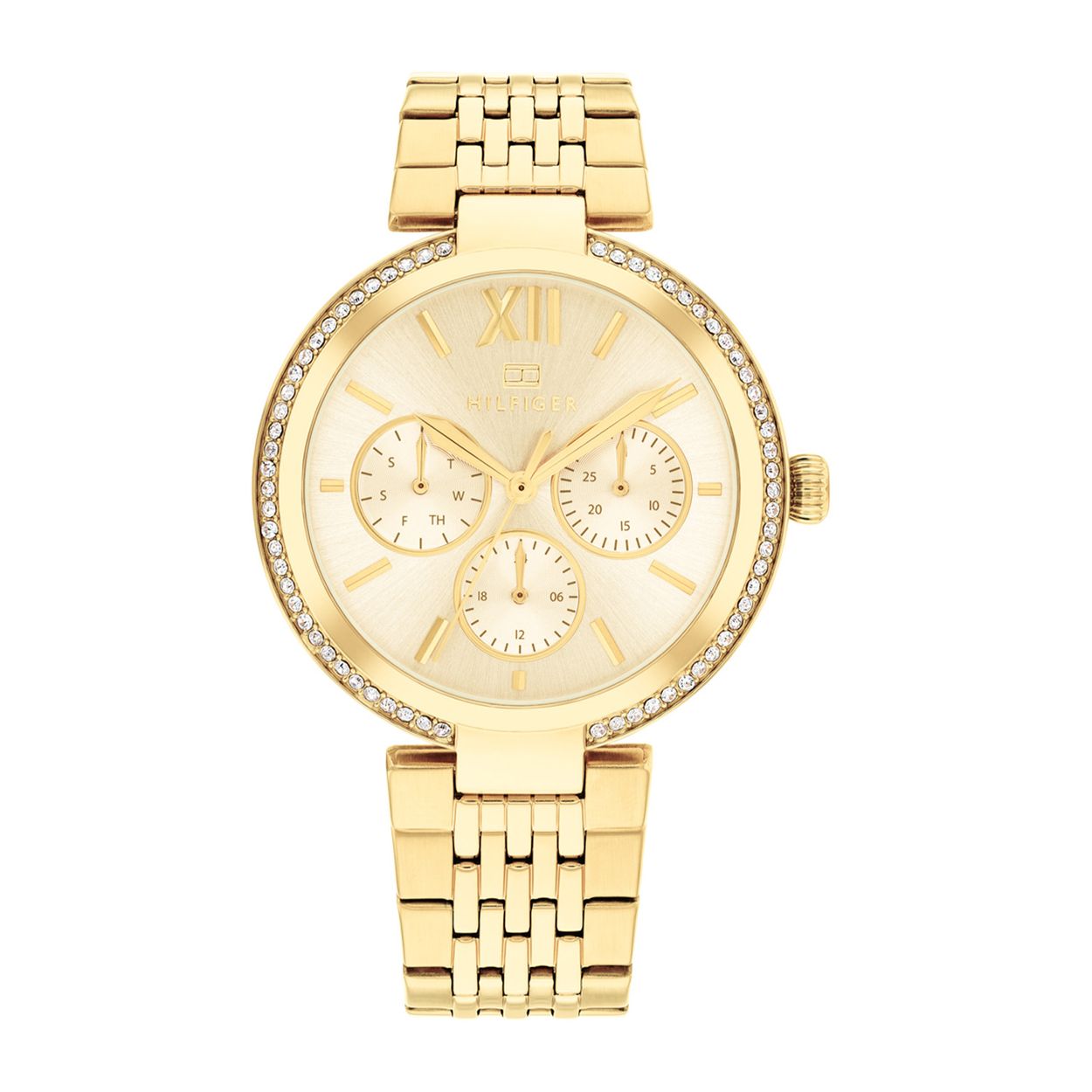Dit Tommy Hilfiger horloge behoort tot de Sophia collectie.
Referentienummer: TH178697

Dit horloge van Tommy Hilfiger is een sportief chique dameshorloge die niet in je collectie mag ontbreken. Het stalen dameshorloge heeft een ronde goudkleurige kast met een bezel met een kristallen en een goudkleurige sunray wijzerplaat met een dag,- datum en 24-uursaanduiding. Aan de kast zit een fijne goudkleurige schakelband met een vouwsluiting. Het horloge heeft een mineraalglas, een doorsnee van 36mm en is 3ATM.  

