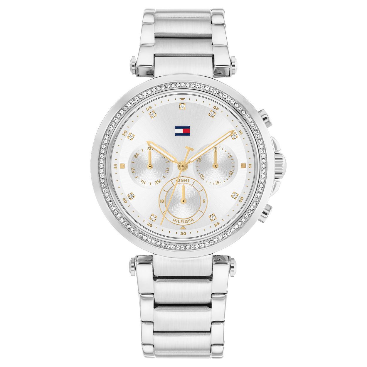 
Dit specifieke horloge van Tommy Hilfiger uit de Emily serie met artikelnr: TH1782701 is een luxe sportief dameshorloge die niet in je collectie mag ontbreken. Het stalen horloge heeft een ronde zilverkleurige kast met een bezel vol kristallen en een zilverwitte sunray wijzerplaat met dag,- datum, en 24-uursaanduiding. De uren worden tevens weergegeven met kristallen. De zilverkleurige schakelband met speciale aanzet aan de kast is op lengte verstelbaar en heeft een vouwsluiting. Het horloge heeft een mineraalglas, een doorsnee van 38mm en is 5ATM.  

