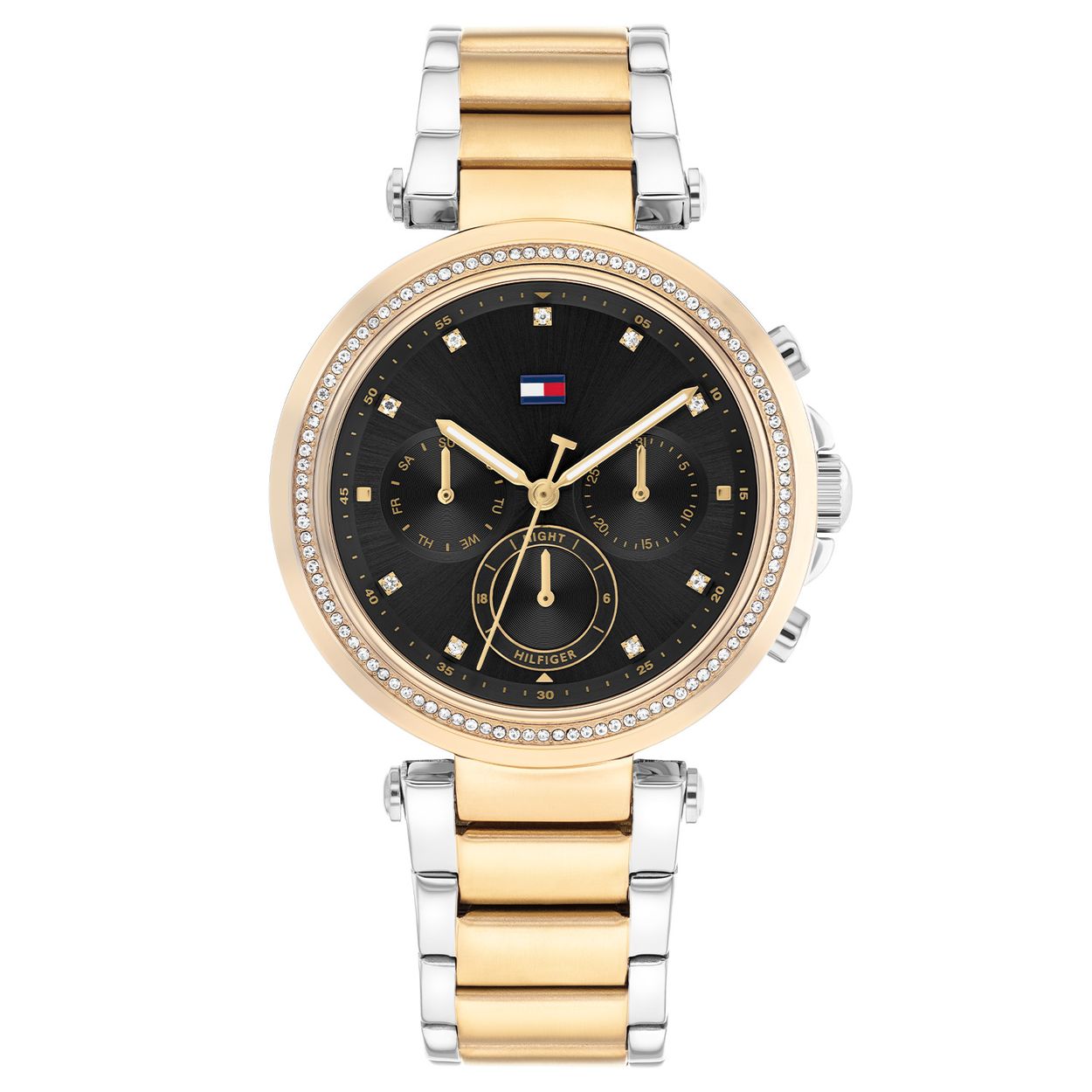 Tommy Hilfiger TH1782702 Horloge Dames Staal Zilverkleurig 38mm
Dit specifieke horloge van Tommy Hilfiger uit de Emily serie met artikelnr: TH1782702 is een luxe sportief dameshorloge die niet in je collectie mag ontbreken. Het stalen dameshorloge heeft een ronde zilverkleurige kast met een goudkleurige bezel vol kristallen en een zwarte sunray wijzerplaat met dag,- datum, en 24-uursaanduiding. De uren worden tevens weergegeven met kristallen. De bicolor schakelband is op lengte verstelbaar en heeft een vouwsluiting. Het horloge heeft een mineraalglas, een doorsnee van 38mm en is 5ATM.  

Het merk:
Sinds de lancering van het merk in 1985 is Tommy Hilfiger wereldwijd bekend geworden als pionier van de klassieke Amerikaanse coole stijl. GeÃ¯nspireerd door de iconische popcultuur en het Amerikaanse erfgoed. De dames en herencollectie van dit seizoen bestaan uit minimalistische silhouetten en rustieke lederen details. De herenhorlogecollectie biedt iconische uurwerken met roestvrijstalen, lederen en siliconen banden.

Specificaties:
- Mineraalglas
- Ronde kast 36mm
- Bicolor horlogekast
- Zwarte wijzerplaat met kristallen
- Bicolor schakelband 
- 5ATM