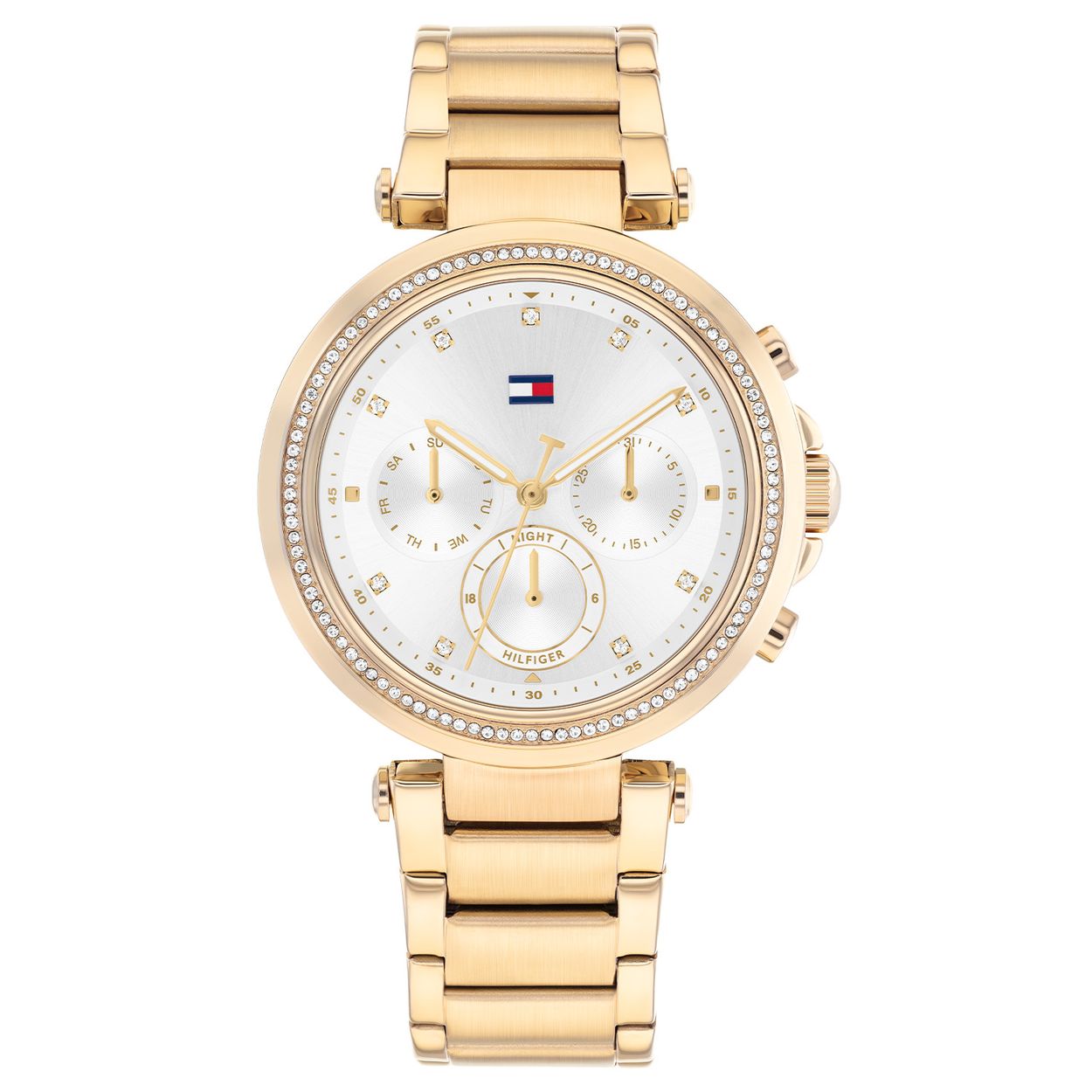 Tommy Hilfiger TH1782703 Horloge Dames Staal Goudkleurig 38mm
Dit specifieke horloge van Tommy Hilfiger uit de Emily serie met artikelnr: TH1782703 is een luxe sportief dameshorloge die niet in je collectie mag ontbreken. Het stalen dameshorloge heeft een ronde goudkleurige kast met een bezel vol kristallen en een zilverwitte sunray wijzerplaat met dag,- datum, en 24-uursaanduiding. De uren worden tevens weergegeven met kristallen. De goudkleurige schakelband met speciale aanzet aan de kast is op lengte verstelbaar en heeft een vouwsluiting. Het horloge heeft een mineraalglas, een doorsnee van 38mm en is 5ATM.  

Het merk:
Sinds de lancering van het merk in 1985 is Tommy Hilfiger wereldwijd bekend geworden als pionier van de klassieke Amerikaanse coole stijl. Geïnspireerd door de iconische popcultuur en het Amerikaanse erfgoed. De dames en herencollectie van dit seizoen bestaan uit minimalistische silhouetten en rustieke lederen details. De herenhorlogecollectie biedt iconische uurwerken met roestvrijstalen, lederen en siliconen banden.

Specificaties:
- Mineraalglas
- Ronde kast 38mm
- Goudkleurige horlogekast
- Zilverwitte wijzerplaat met kristallen
- Goudkleurige schakelband 
- 5ATM