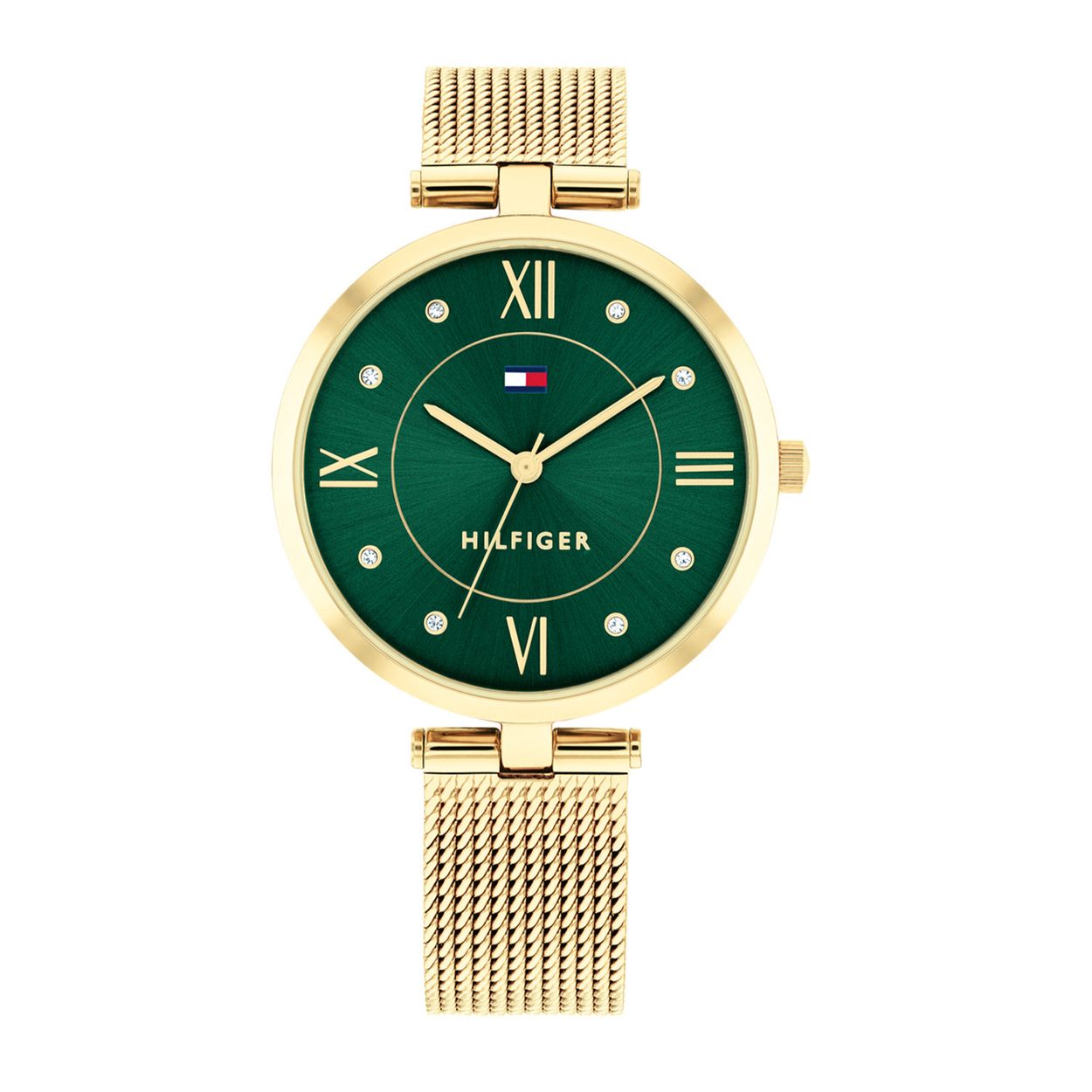 Tommy Hilfiger TH178711 Horloge Dames Staal Goudkleurig 34mm
Dit specifieke horloge van Tommy Hilfiger uit de Ella serie met artikelnr: TH1782711 is een chique dameshorloge die niet in je collectie mag ontbreken. Het stalen dameshorloge heeft een ronde goudkleurige kast met een gladde bezel en een groene sunray wijzerplaat met op sommige uren een kristal en op andere uren romeinse cijfers. Met een speciale aanzet aan de kast zit een fijne goudkleurige milanese band. Het horloge heeft een mineraalglas, een doorsnee van 34mm en is 3ATM.  

Het merk:
Sinds de lancering van het merk in 1985 is Tommy Hilfiger wereldwijd bekend geworden als pionier van de klassieke Amerikaanse coole stijl. Geïnspireerd door de iconische popcultuur en het Amerikaanse erfgoed. De dames en herencollectie van dit seizoen bestaan uit minimalistische silhouetten en rustieke lederen details. De herenhorlogecollectie biedt iconische uurwerken met roestvrijstalen, lederen en siliconen banden.

Specificaties:
- Mineraalglas 
- Ronde kast 34mm
- Goudkleurige horlogekast
- Groene sunray wijzerplaat 
- Goudkleurige milanese band 
- 3ATM