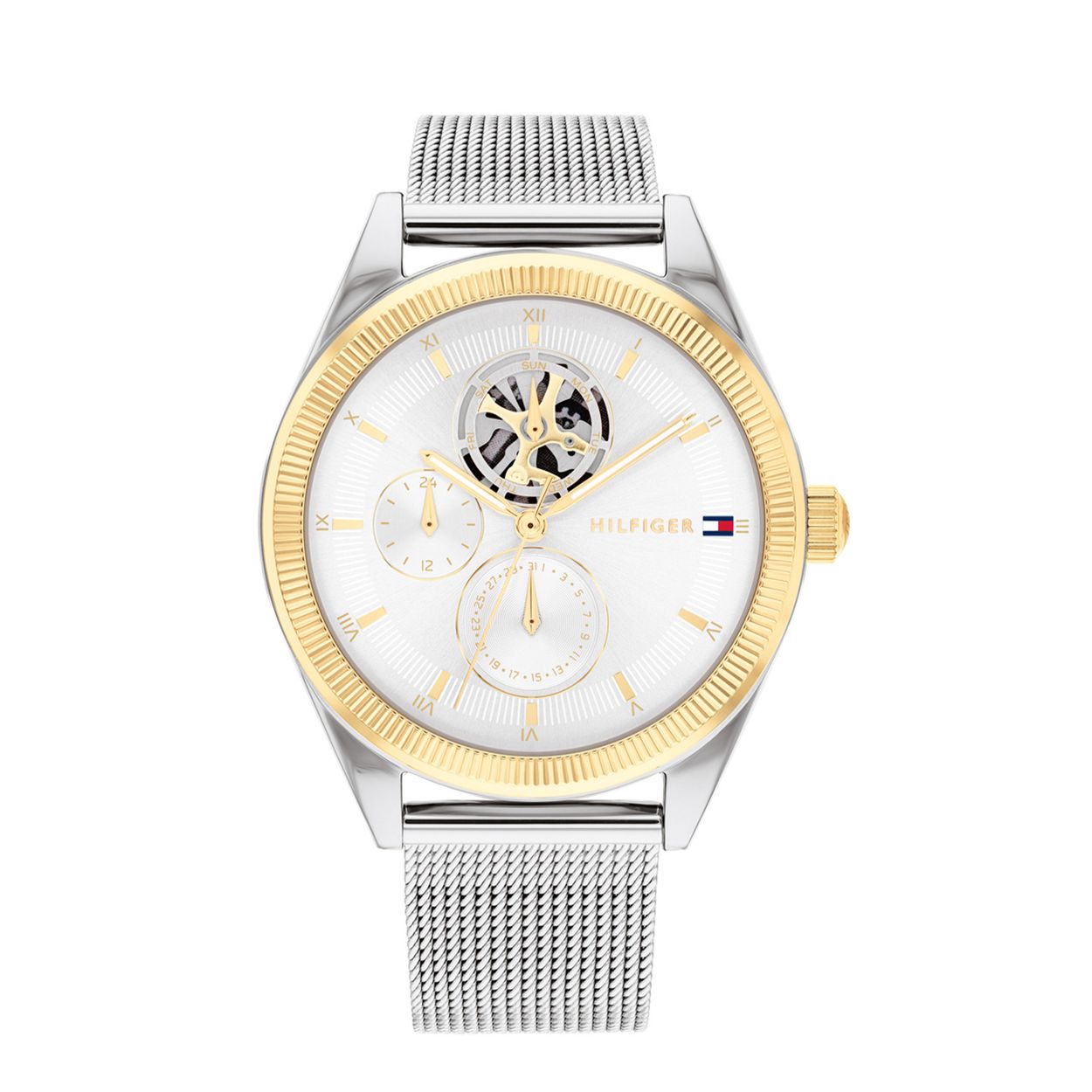 Tommy Hilfiger TH178713 Horloge Dames Staal Zilverkleurig 38mm
Dit specifieke horloge van Tommy Hilfiger uit de Monica serie met artikelnr: TH1782713 is een sportief chique dameshorloge die niet in je collectie mag ontbreken. Het stalen dameshorloge heeft een ronde zilverkleurige kast met een gekartelde goudkleurige bezel en een zilverwitte sunray wijzerplaat met een dag,- datum en 24-uursaanduiding. De dagaanduiding wordt getoond in een opengewerkte cirkel waardoor het uurwerk zichtbaar is. Aan de kast zit een fijne zilverkleurige milanese band met een vouwsluiting. Het horloge heeft een mineraalglas, een doorsnee van 38mm en is 3ATM.  

Het merk:
Sinds de lancering van het merk in 1985 is Tommy Hilfiger wereldwijd bekend geworden als pionier van de klassieke Amerikaanse coole stijl. Geïnspireerd door de iconische popcultuur en het Amerikaanse erfgoed. De dames en herencollectie van dit seizoen bestaan uit minimalistische silhouetten en rustieke lederen details. De herenhorlogecollectie biedt iconische uurwerken met roestvrijstalen, lederen en siliconen banden.

Specificaties:
- Mineraalglas 
- Ronde kast 38mm
- Zilverkleurige horlogekast
- Zilverwitte sunray wijzerplaat 
- Zilverkleurige milanese band 
- 3ATM