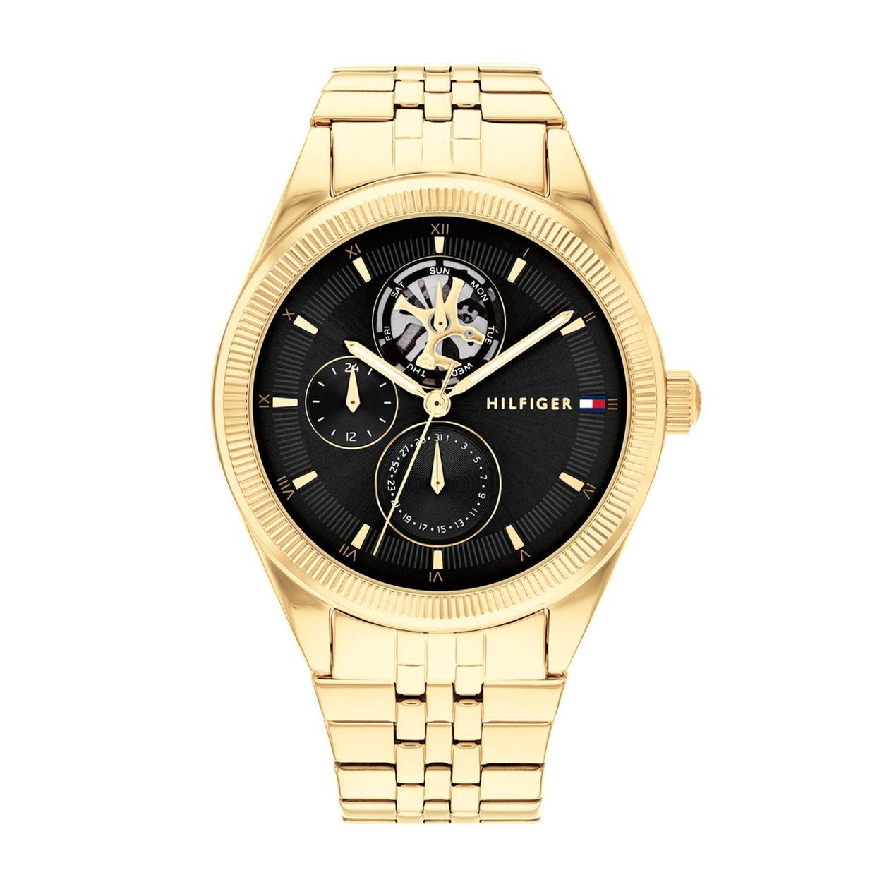 Tommy Hilfiger TH178717 Horloge Dames Staal Goudkleurig 38mm
Dit specifieke horloge van Tommy Hilfiger uit de Monica serie met artikelnr: TH1782714 is een sportief dameshorloge die niet in je collectie mag ontbreken. Het stalen dameshorloge heeft een ronde goudkleurige kast met een goudkleurige gekartelde bezel en een zwarte sunray wijzerplaat met een dag,- datum en 24-uursaanduiding. De dagaanduiding wordt getoond in een opengewerkt oog waardoor het uurwerk zichtbaar is. Aan de kast zit een fijne goudkleurige schakelband met een vouwsluiting. Het horloge heeft een mineraalglas, een doorsnee van 38mm en is 3ATM.  

Het merk:
Sinds de lancering van het merk in 1985 is Tommy Hilfiger wereldwijd bekend geworden als pionier van de klassieke Amerikaanse coole stijl. Geïnspireerd door de iconische popcultuur en het Amerikaanse erfgoed. De dames en herencollectie van dit seizoen bestaan uit minimalistische silhouetten en rustieke lederen details. De herenhorlogecollectie biedt iconische uurwerken met roestvrijstalen, lederen en siliconen banden.

Specificaties:
- Mineraalglas 
- Ronde kast 38mm
- Goudkleurige horlogekast
- Zwarte sunray wijzerplaat 
- Goudkleurige schakelband 
- 3ATM