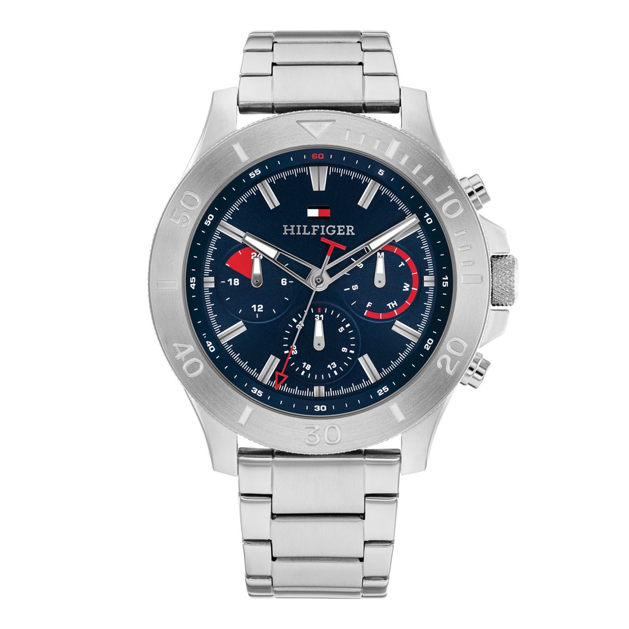 Tommy Hilfiger TH1792113 Horloge Heren Staal Zilverkleurig 46mm
Dit specifieke horloge van Tommy Hilfiger uit de Bryan serie met artikelnr: TH1792113 is een stoer sportief herenhorloge die niet in je collectie mag ontbreken. Het stalen herenhorloge heeft een ronde kast met een blauwe halfglimmende wijzerplaat met dag,- datum, en 24-uursaanduiding en rode accenten. De wijzers zijn ingelegd met lumibrite. Aan het horloge zit een zilverkleurige schakelband. Het horloge heeft een mineraalglas, een doorsnee van 46mm en is 5ATM.  

Het merk:
Sinds de lancering van het merk in 1985 is Tommy Hilfiger wereldwijd bekend geworden als pionier van de klassieke Amerikaanse coole stijl. Geïnspireerd door de iconische popcultuur en het Amerikaanse erfgoed. De dames en herencollectie van dit seizoen bestaan uit minimalistische silhouetten en rustieke lederen details. De herenhorlogecollectie biedt iconische uurwerken met roestvrijstalen, lederen en siliconen banden.

Specificaties:
- Mineraalglas
- Ronde kast 46mm
- Zilverkleurige horlogekast
- Blauwe wijzerplaat 
- Zilverkleurige schakelband 
- 5ATM