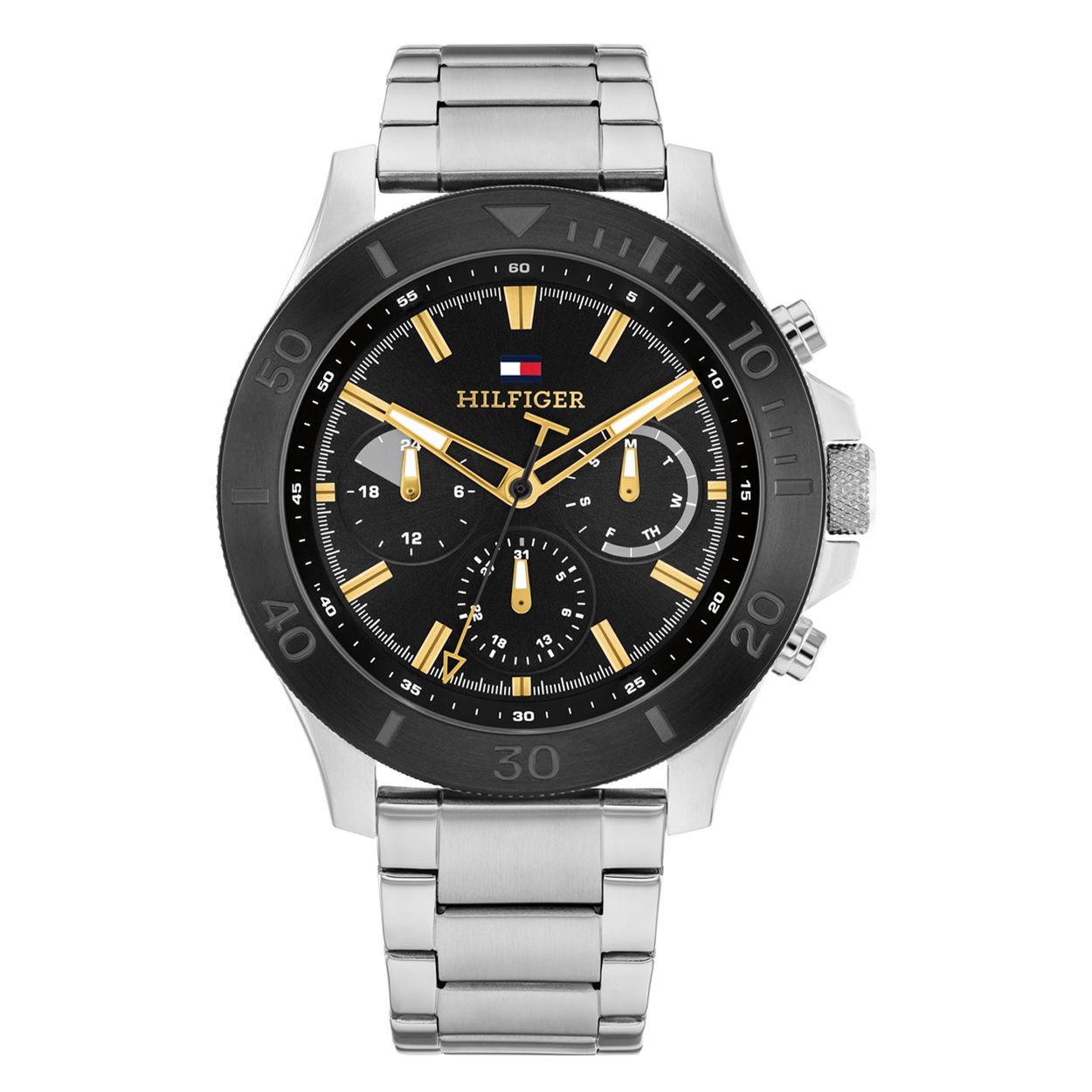 Tommy Hilfiger TH1792114 Horloge Heren Staal Zilverkleurig 46mm
Dit specifieke horloge van Tommy Hilfiger uit de Bryan serie met artikelnr: TH1792114 is een stoer sportief herenhorloge die niet in je collectie mag ontbreken. Het stalen herenhorloge heeft een ronde kast met een zwarte bezel en zwarte halfglimmende wijzerplaat met dag,- datum, en 24-uursaanduiding en goude accenten. De wijzers zijn ingelegd met lumibrite. Aan het horloge zit een zilverkleurige schakelband. Het horloge heeft een mineraalglas, een doorsnee van 46mm en is 5ATM.  

Het merk:
Sinds de lancering van het merk in 1985 is Tommy Hilfiger wereldwijd bekend geworden als pionier van de klassieke Amerikaanse coole stijl. Geïnspireerd door de iconische popcultuur en het Amerikaanse erfgoed. De dames en herencollectie van dit seizoen bestaan uit minimalistische silhouetten en rustieke lederen details. De herenhorlogecollectie biedt iconische uurwerken met roestvrijstalen, lederen en siliconen banden.

Specificaties:
- Mineraalglas
- Ronde kast 46mm
- Zilverkleurige horlogekast
- Zwarte wijzerplaat 
- Zilverkleurige schakelband 
- 5ATM