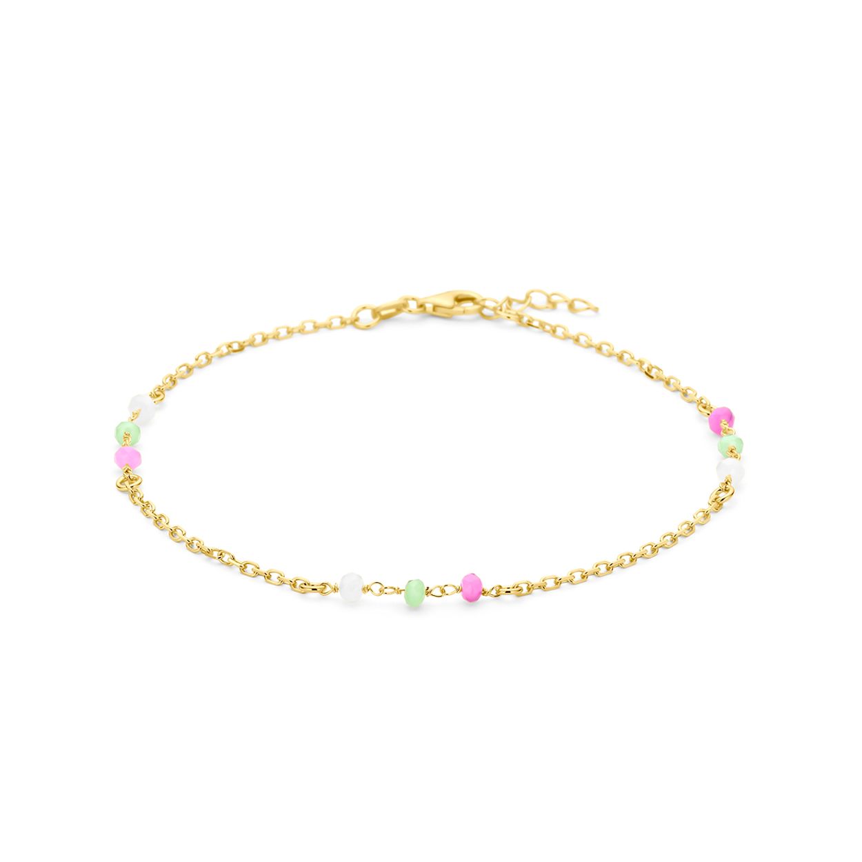 Geelgoud op 925 zilveren enkelbandje uitgevoerd met wit, groen en roze kristal bolletjes. Het enkelbandje heeft een draaglengte van 24 en een extensie van 2cm. Uitgevoerd met een karabijn sluiting.&nbsp;Geen garantie op plating.