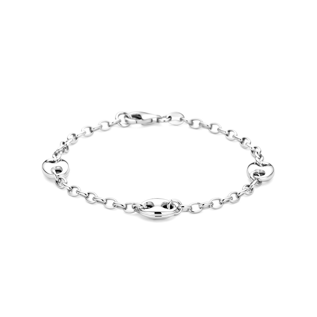 Gerhodineerd 925 zilveren armband met een draaglengte van 18.5cm. De schakelbreedtes zijn 3 en 8mm. Uitgevoerd met een karabijn sluiting.