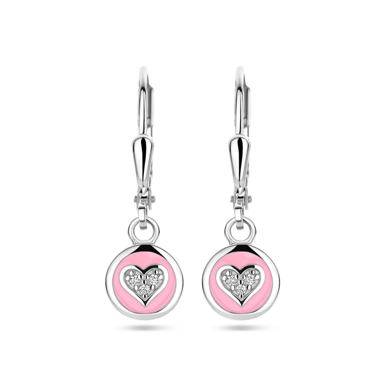 Gerhodineerd 925 zilveren oorhangers in de vorm van een cirkel van roze emaille met een hart van zirkonia.  De oorhangers hebben een totale hoogte van 23mm.