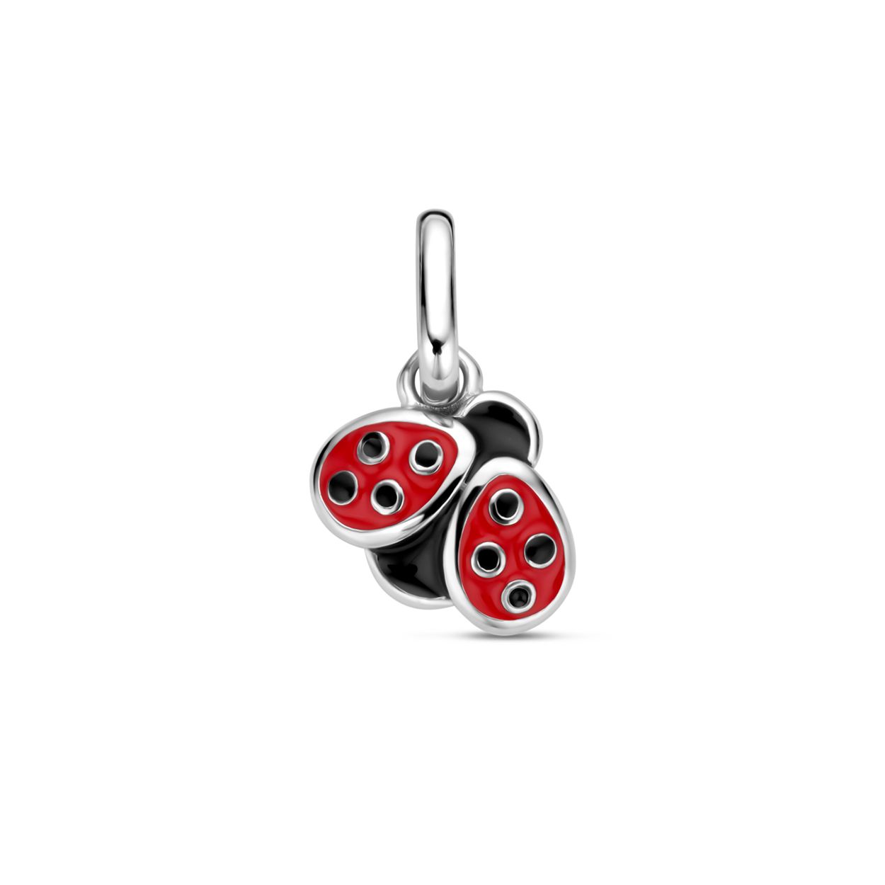 Gerhodineerd 925 zilveren hanger uitgevoerd in de vorm van een lieveheersbeestje met rood en zwart emaille. De hanger heeft een totale hoogte van 12mm.