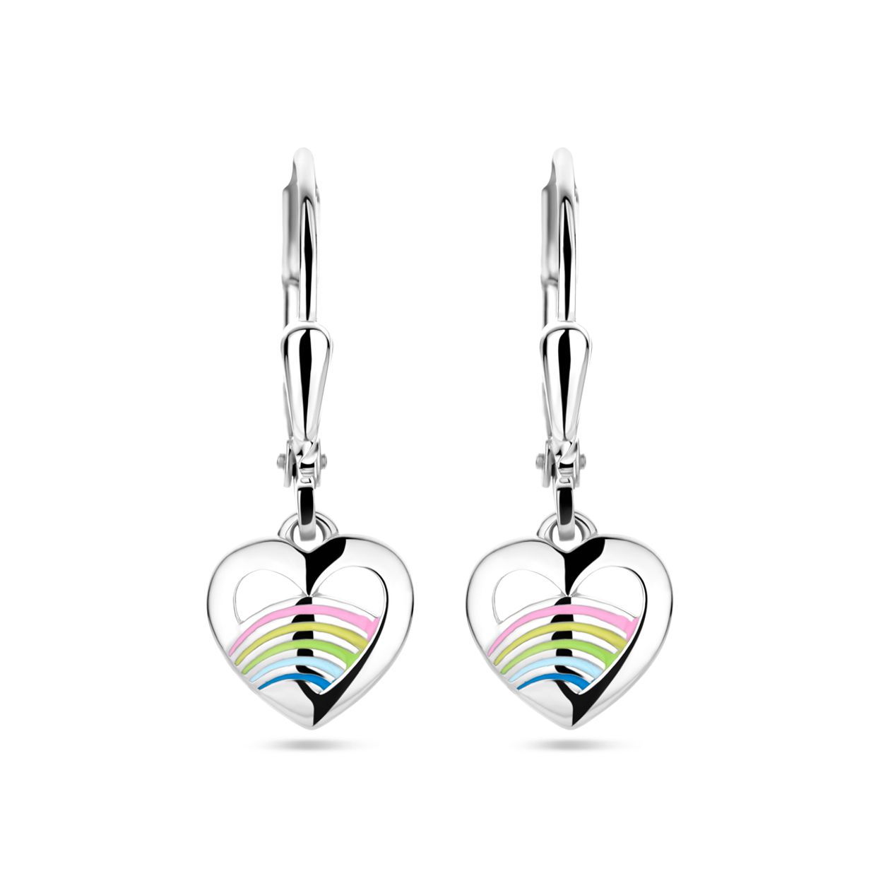 Gerhodineerd 925 zilveren oorhangers uitgevoerd in de vorm van een hart met roze, geel, groen en blauw emaille. De oorhangers hebben een totale hoogte van 23mm.