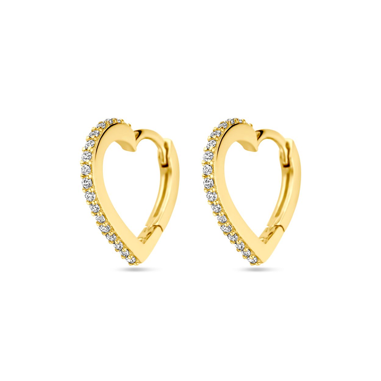14k Geelgouden klapoorringen uitgevoerd in de vorm van een hart met zirkonia. De oorringen hebben een afmeting van 12.5x1.5mm.
