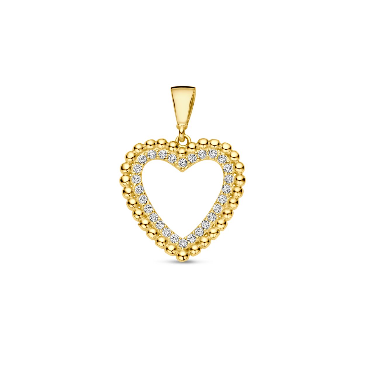 14k Geelgouden hanger uitgevoerd met een hart en zirkonia. De hanger heeft een  totale hoogte van 21.5mm.