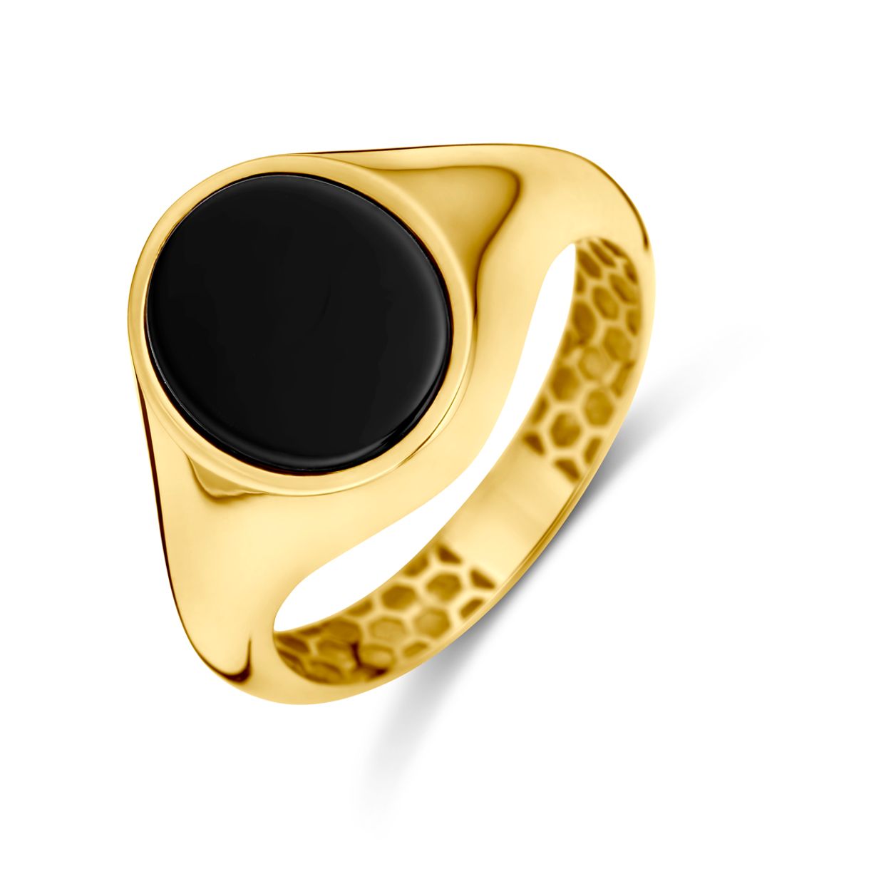 14k Geelgouden ring uitgevoerd met onyx. De ring heeft een breedte van 13.5mm.