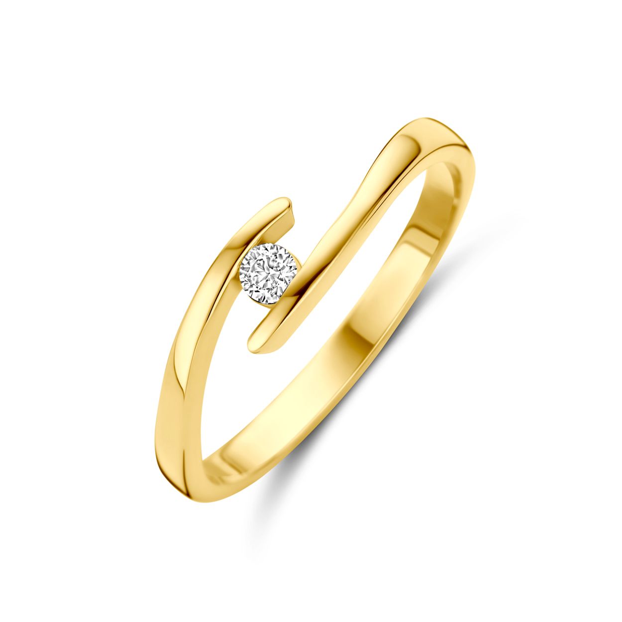 14k Geelgouden ring uitgevoerd met zirkonia. De ring heeft een breedte van 4.5mm.