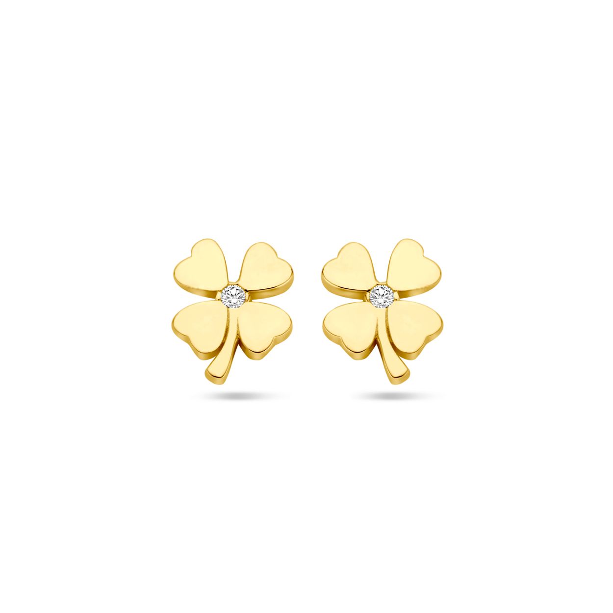 14k Geelgouden oorknoppen uitgevoerd met een klavertje en zirkonia. De oorknoppen hebben een afmeting van 8.5x7.5mm.