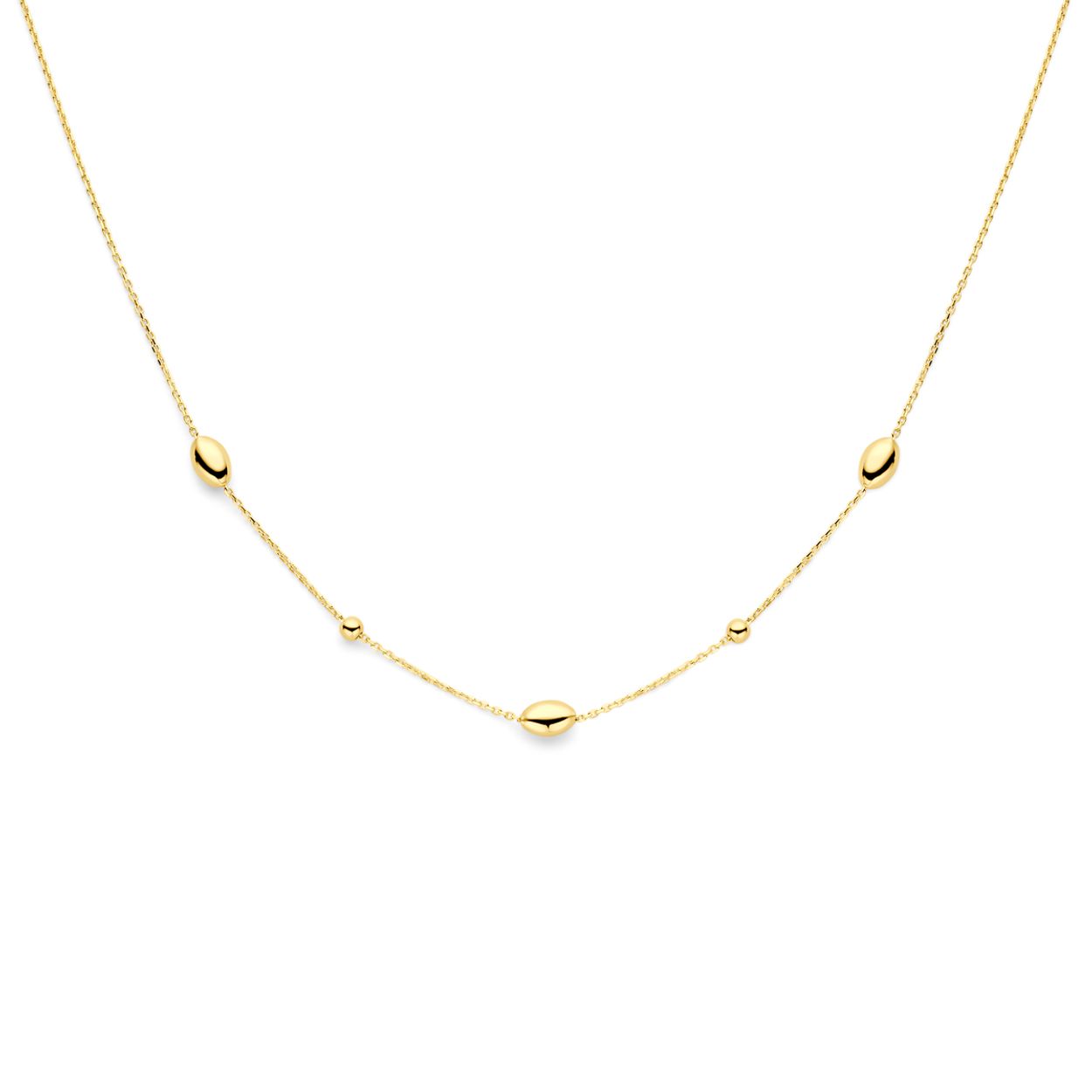 14k Geelgouden collier uitgevoerd met ovaaltjes en bolletjes. Het collier heeft draaglengtes van 41, 43 en 45cm.