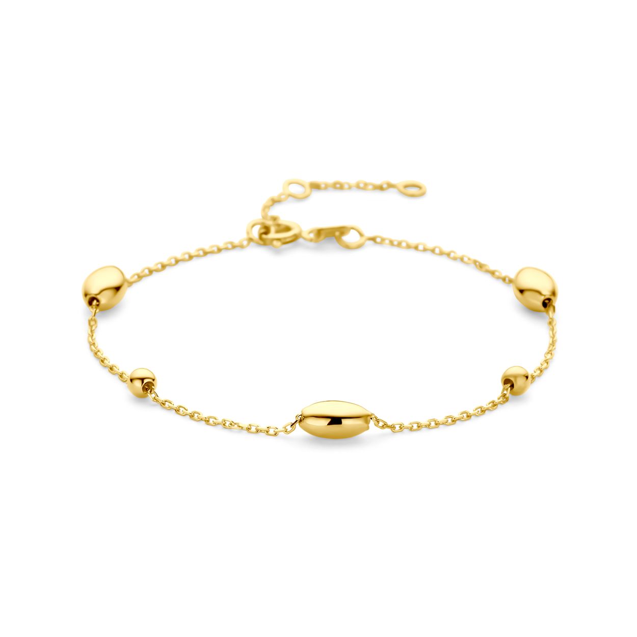 14k Geelgouden armband uitgevoerd met ovaaltjes en bolletjes. De armband heeft draaglengtes van 16, 17.5 en 19cm.