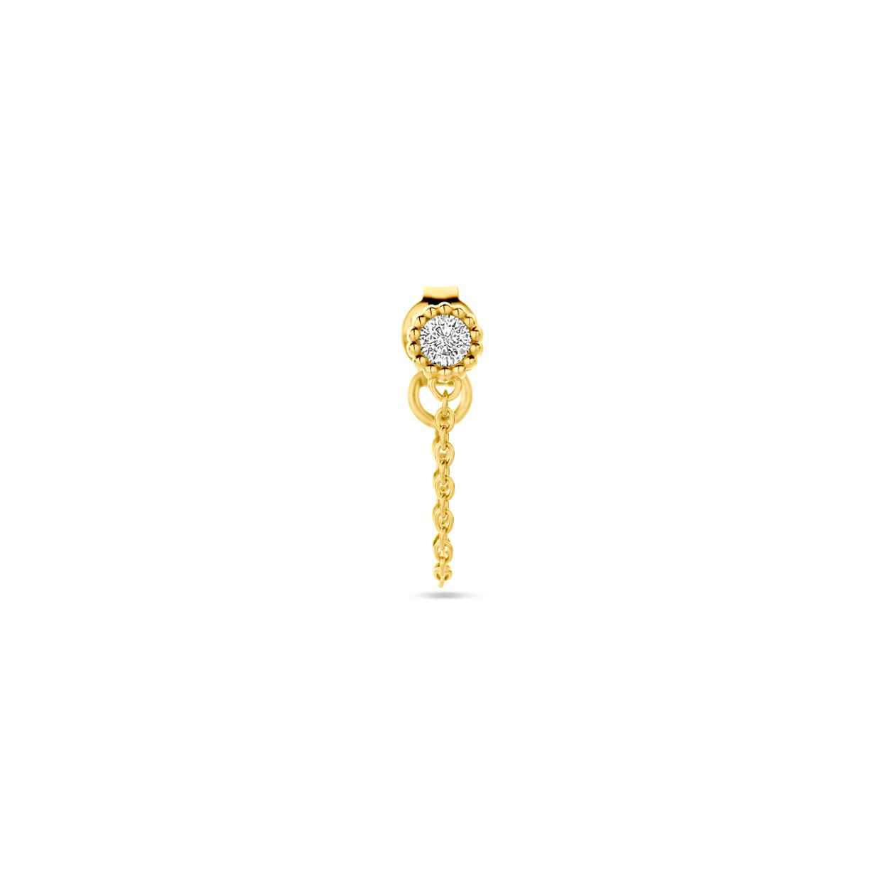Geelgoud op 925 zilveren oorknop uitgevoerd met wit zirkonia. De oorknop heeft een diameter van 4.5mm. Deze oorsieraden worden per stuk verkocht ipv per paar. Geen garantie op de plating.