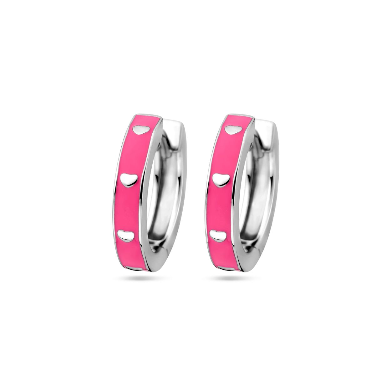 Gerhodineerd 925 zilveren klapoorringen met roze emaille. De oorringen hebben een afmeting van 15x3mm.