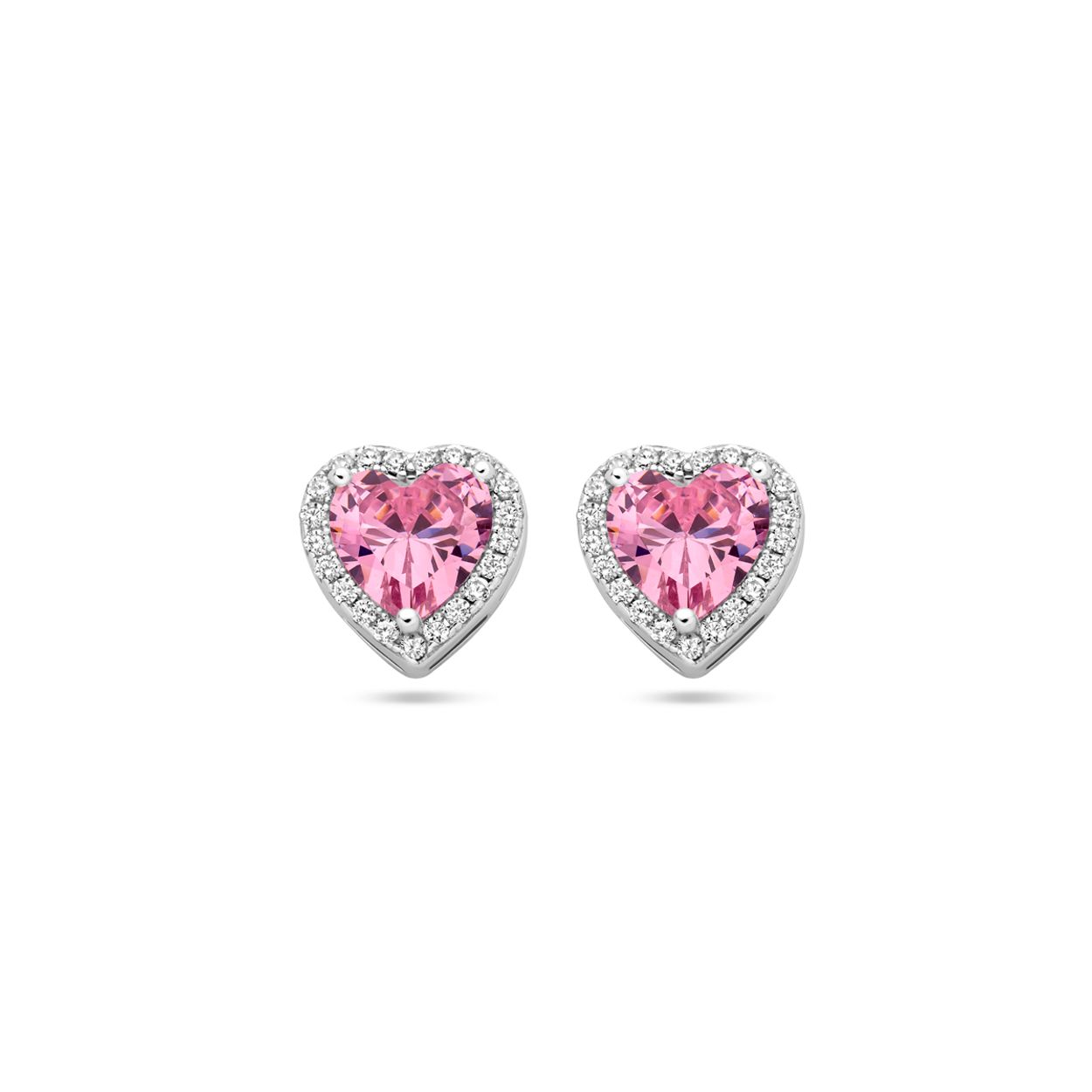 Gerhodineerd 925 zilveren oorknoppen uitgevoerd in de vorm van een hartje met wit en roze zirkonia. De afmeting van de oorknoppen is 8.5x8.5mm.