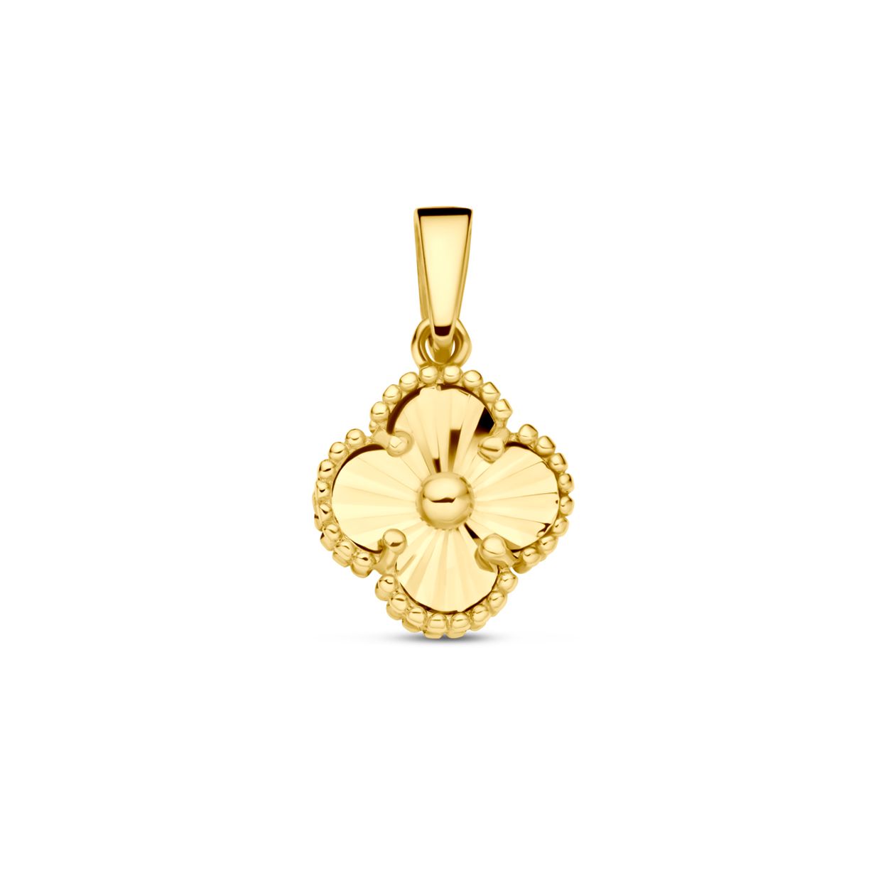 14k Geelgouden hanger uitgevoerd met een bloem. De hanger heeft een totale hoogte van 16mm.