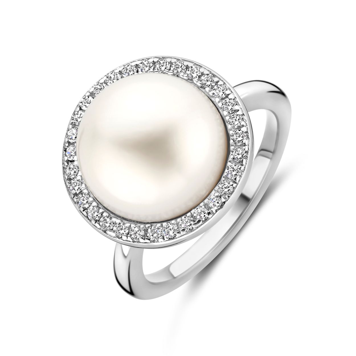 Gerhodineerd 925 zilveren ring uitgevoerd met zirkonia en een zoetwaterparel van 12mm.