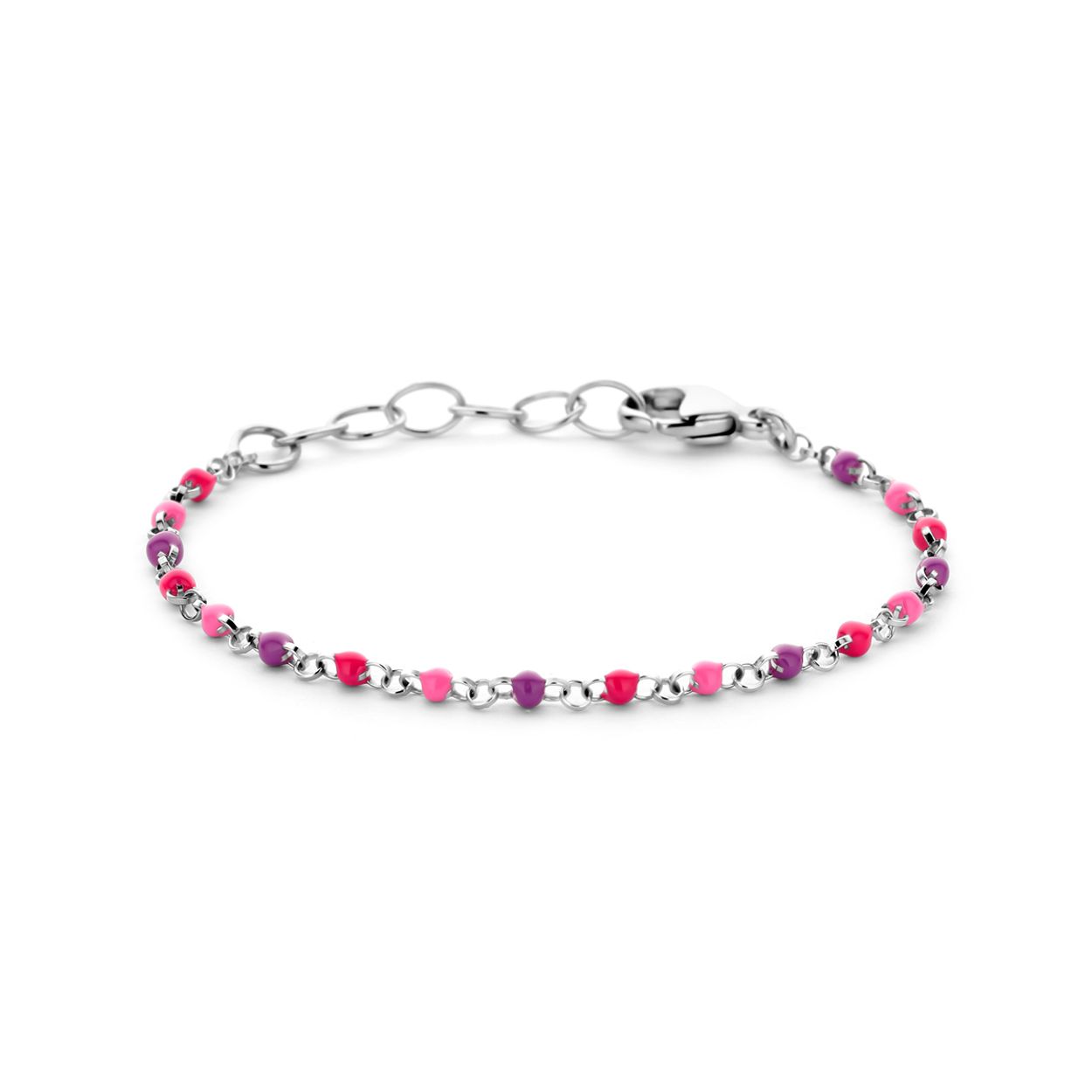 Gerhodineerd 925 zilveren armband uitgevoerd met emaille bolletjes. De armband heeft een draaglengte van 11cm en een extensie van 2cm. Uitgevoerd met karabijnsluiting.  De schakelbreedte is 1.7mm.