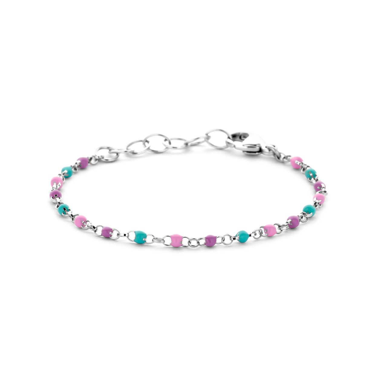 Gerhodineerd 925 zilveren armband uitgevoerd met emaille bolletjes. De armband heeft een draaglengte van 11cm en een extensie van 2cm. Uitgevoerd met karabijnsluiting. De schakelbreedte is 1.7mm.