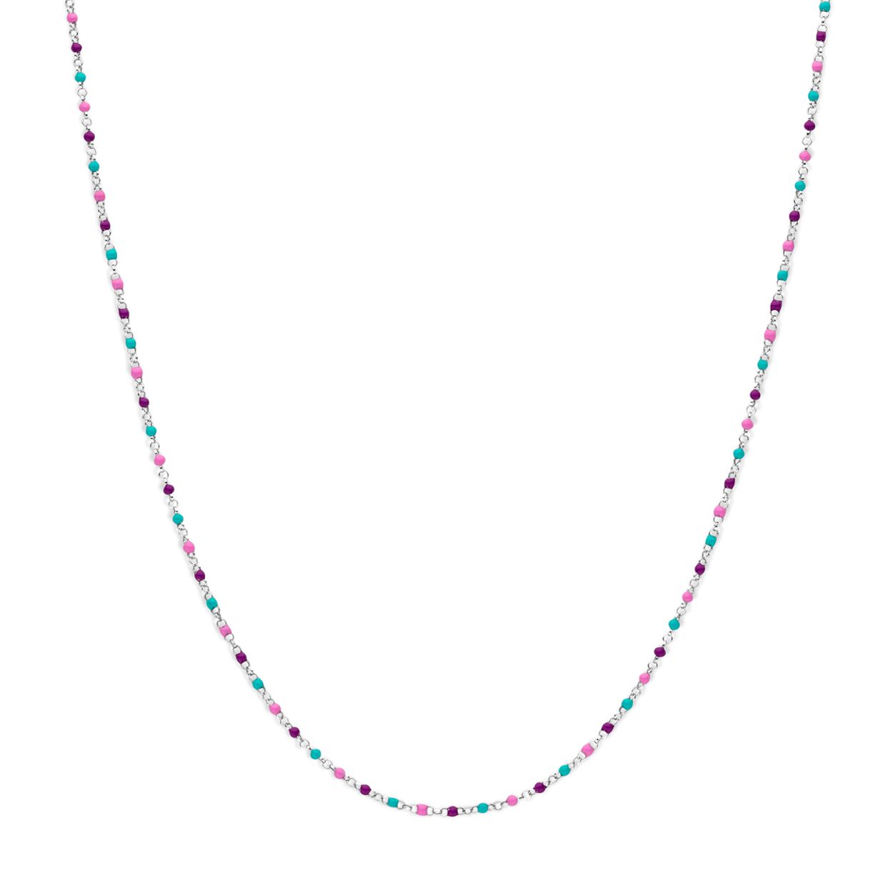 Gerhodineerd 925 zilveren collier uitgevoerd met emaille bolletjes. Het collier heeft een draaglengte van 36cm en een extensie van 4cm. Uitgevoerd met karabijnsluiting. De schakelbreedte is 1.7mm.