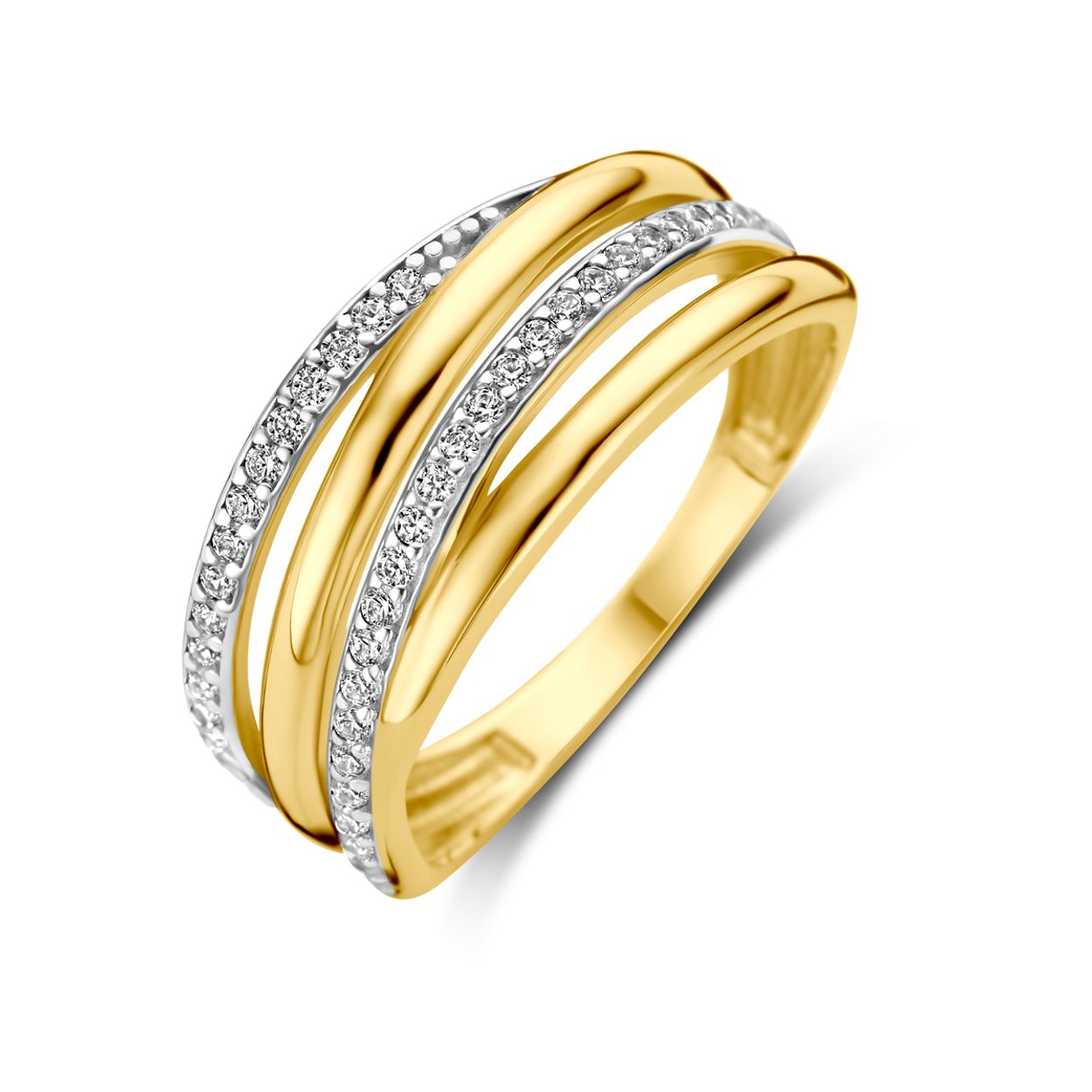14k Geelgouden ring uitgevoerd met zirkonia. De ring heeft een breedte van 8.5mm.