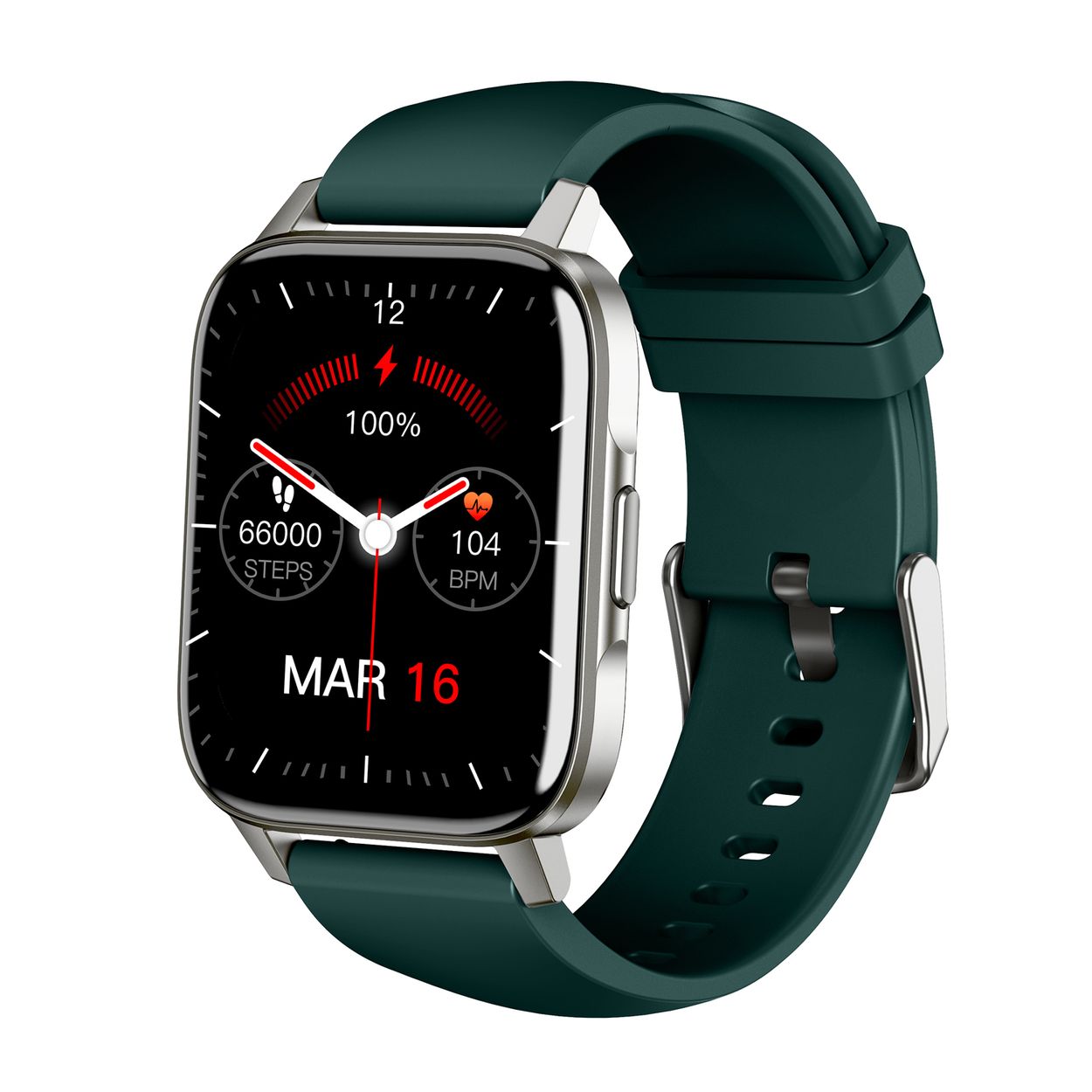 SMARTY2.0 SW078H Smartwatch Siliconen 44mm Dit Smarty Smartwatch horloge met nr: SW078H is een stap in de toekomst. De zilverkleurige kast is gemaakt van metaal met een gehard glas. Aan de kast zit een groene siliconen band met een gespsluiting. Het horloge heeft een afmeting van 44 x 38mm en is spatwaterdicht. Deze smartwatch is sportief, stijlvol, maar zeker gebruiksvriendelijk. Om door apps, berichten en tekst te bladeren hoeft je alleen maar op het glas te tikken of de knop te gebruiken. Merk: SMARTY2.0 Smartwatches verbinden je met de wereld. SMARTY2.0 biedt een brede keuze aan vormen en functionaliteiten. Een ronde of rechthoekige smartwatch? Eentje voor de smalle pols? Een ladies watch of een kids watch? SMARTY2.0 heeft het allemaal. De keuze qua functionaliteiten is onuitputtelijk: bluetooth bellen, stappenteller, hartslag- en bloeddrukmeter, meerdere verschillende sporttrackers, menstruatie en ovulatie herinneringen, ingebouwde GPS, vind mijn smartphone en heel veel meer. Maak je eigen keuze. Iedere SMARTY werkt zowel met iOS als met Android en is moeiteloos via een QR-code te koppelen met iedere mobiele telefoon. Misschien wel dé makkelijkste smartwatch voor iedereen. SMARTY2.0 staat voor hoge kwaliteit in een betaalbaar prijssegment: € 79 - € 199. Highlights: - Geschikt voor Android en iOS - De Smartwatch heeft Bluetooth call - Hoge batterij efficientie - 24 uur hartritme meting - Bevat smart music - Door de verschillende meters en tellers is het mogelijk om onder andere de hartslag, stappen, snelheid, slaap, luchtdruk, stress, hoogte- en diepte te meten - D.m.v. de ingebouwde GPS, is het mogelijk om offline te navigeren en achteraf je route terug te kijken (zonder dat de telefoon in de buurt is) - Stof,- Waterdichtheid: IP68