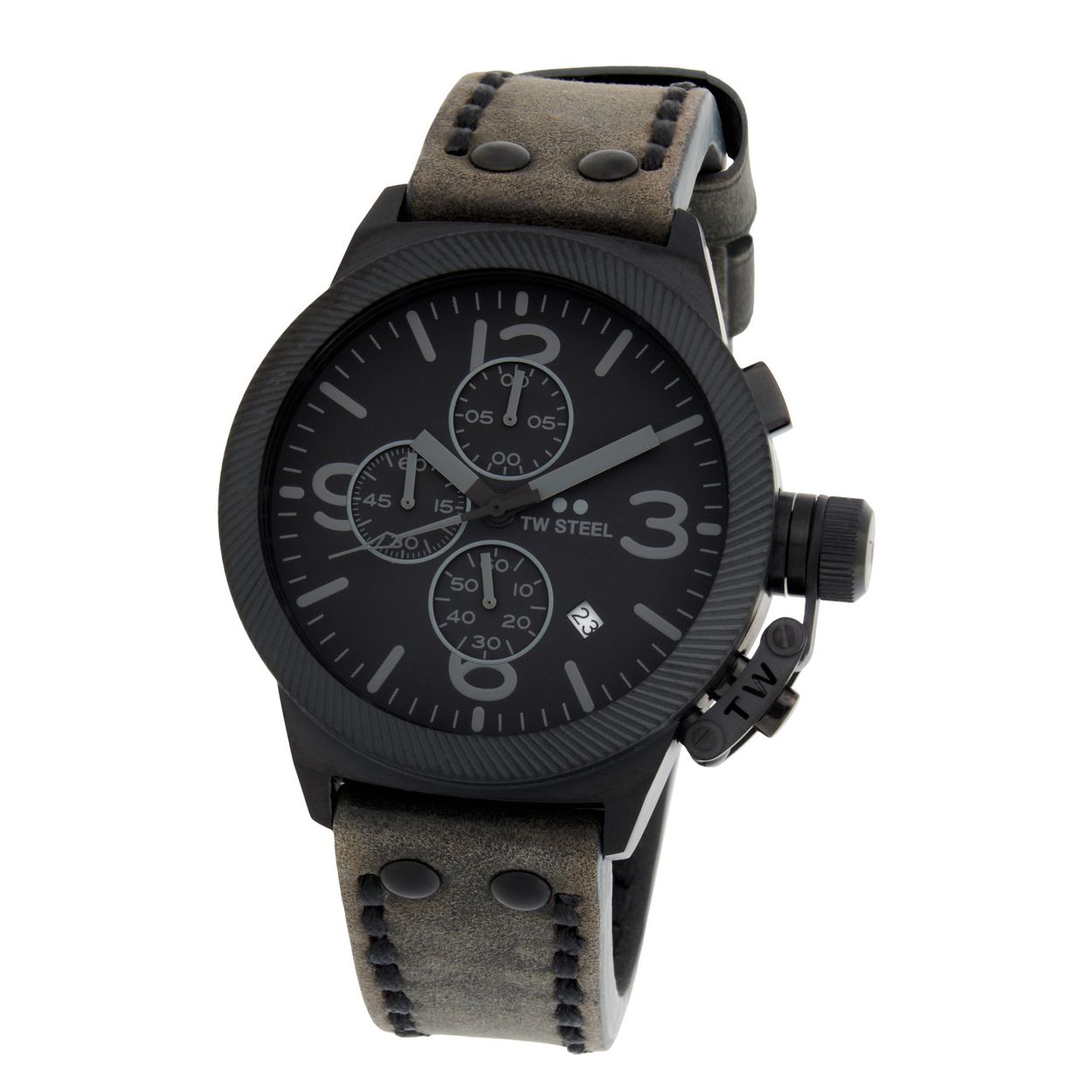 TW Steel TWCS115 New Canteen Zwart grijs 45mm
Deze TW steel uit de Canteen serie met nr TWCS115 valt op door zijn eenvoudige robuuste en donkere kast. Het herenhorloge heeft een ronde zwarte kast met geribbelde bezel en de herkenbare haak- schroefkroon en een chronograaf. Op de zwarte wijzerplaat zit een datum en zijn wijzers en uurs-aanduiding duidelijk zichtbaar door de grijze opdruk. Aan de kast zit een grijze leren band met een zwarte gespsluiting. Het horloge heeft wereldwijde garantie van 2 jaar en is 10ATM. Een sportief mode met een doorsnede van 45mm en een gehard mineraalglas.