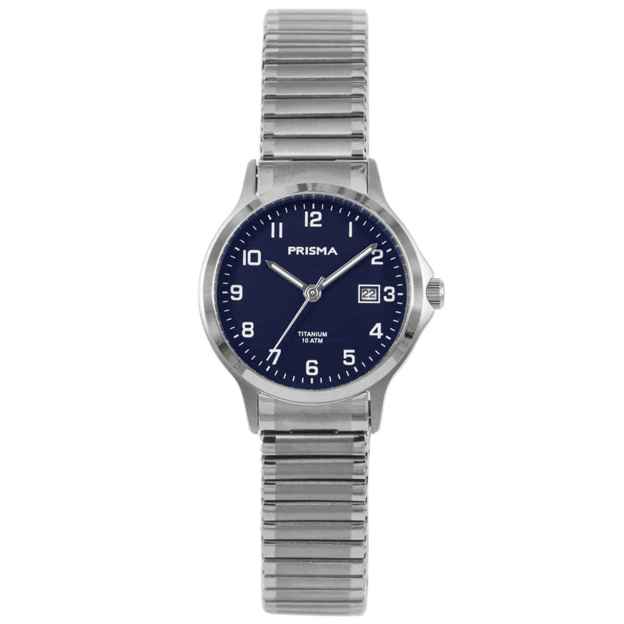 Prisma P.1715 dames horloge titanium 10 ATM 		
		
Algemeen		
Geslacht: dames		
Model: P.1715		
		
Voordelen		
- rekband sluit naadloos aan op de huid		
- band titanium zilver		
- wijzerplaat blauw met witte cijfers (arabisch)		
- geschiktvoor mensen met een allergie		
- draagcomfort door licht gewicht		
- boven gem. waterdicht: zwemmen/duiken		
- wijzers lichten op in donker		
- quartz		
- maat kast 29mm (breedte) 8,6mm (dikte)	
		
