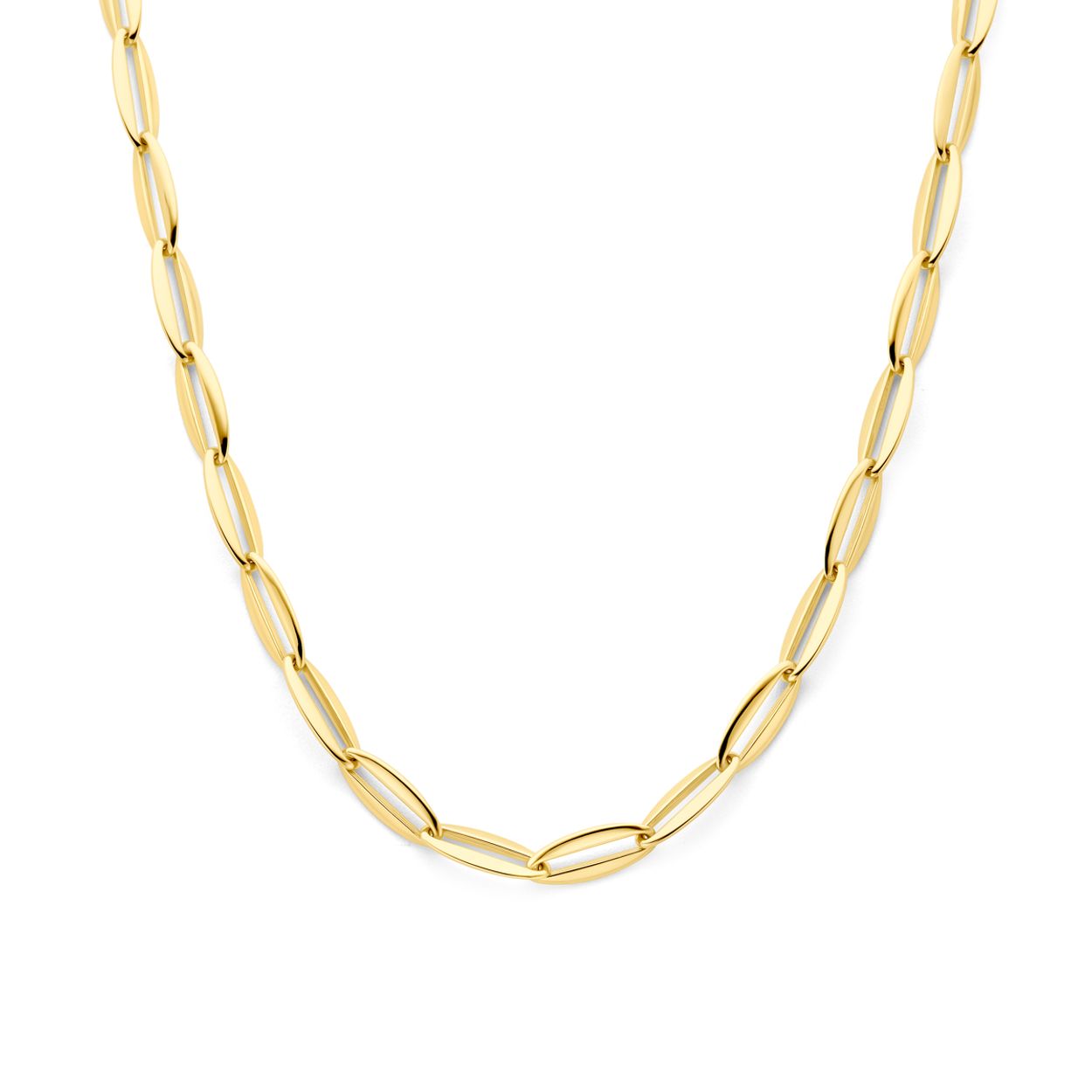 14k Geelgouden collier met een draaglengte van 44.5cm. De schakelbreedte is 7.2 en is uitgevoerd met karabijnsluiting.
