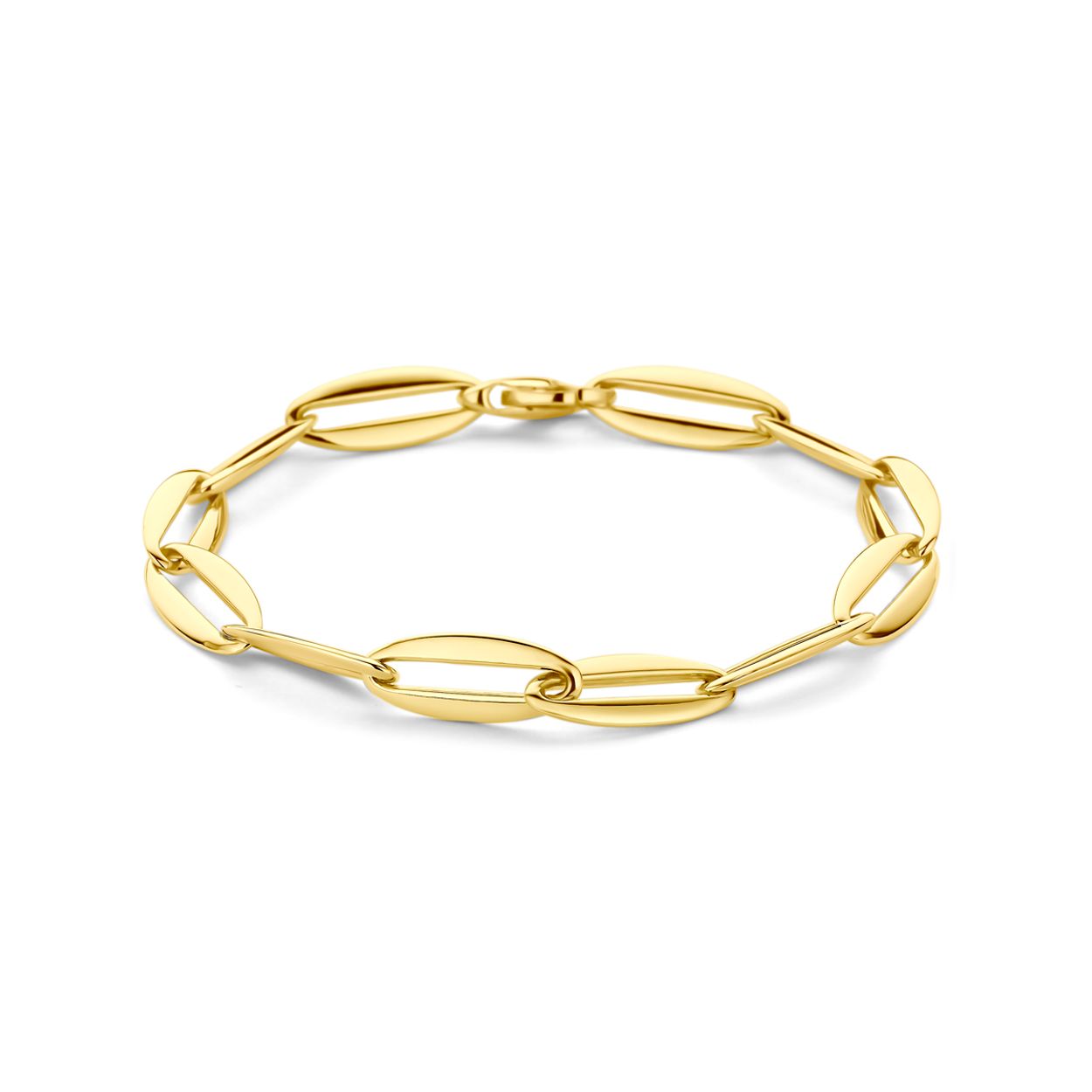 14k Geelgouden armband met een draaglengte van 19.5cm. De schakelbreedte is 7.2 en is uitgevoerd met karabijnsluiting.