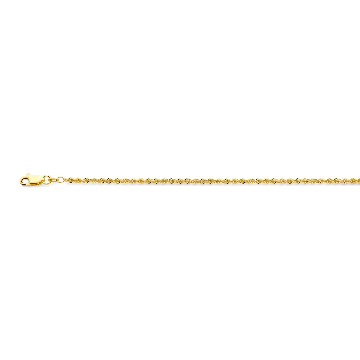 14k Geelgouden koord lengte-artikel uitgevoerd met een karabijn sluiting. De schakelbreedte is 2.2mm en de lengte is 19cm.
