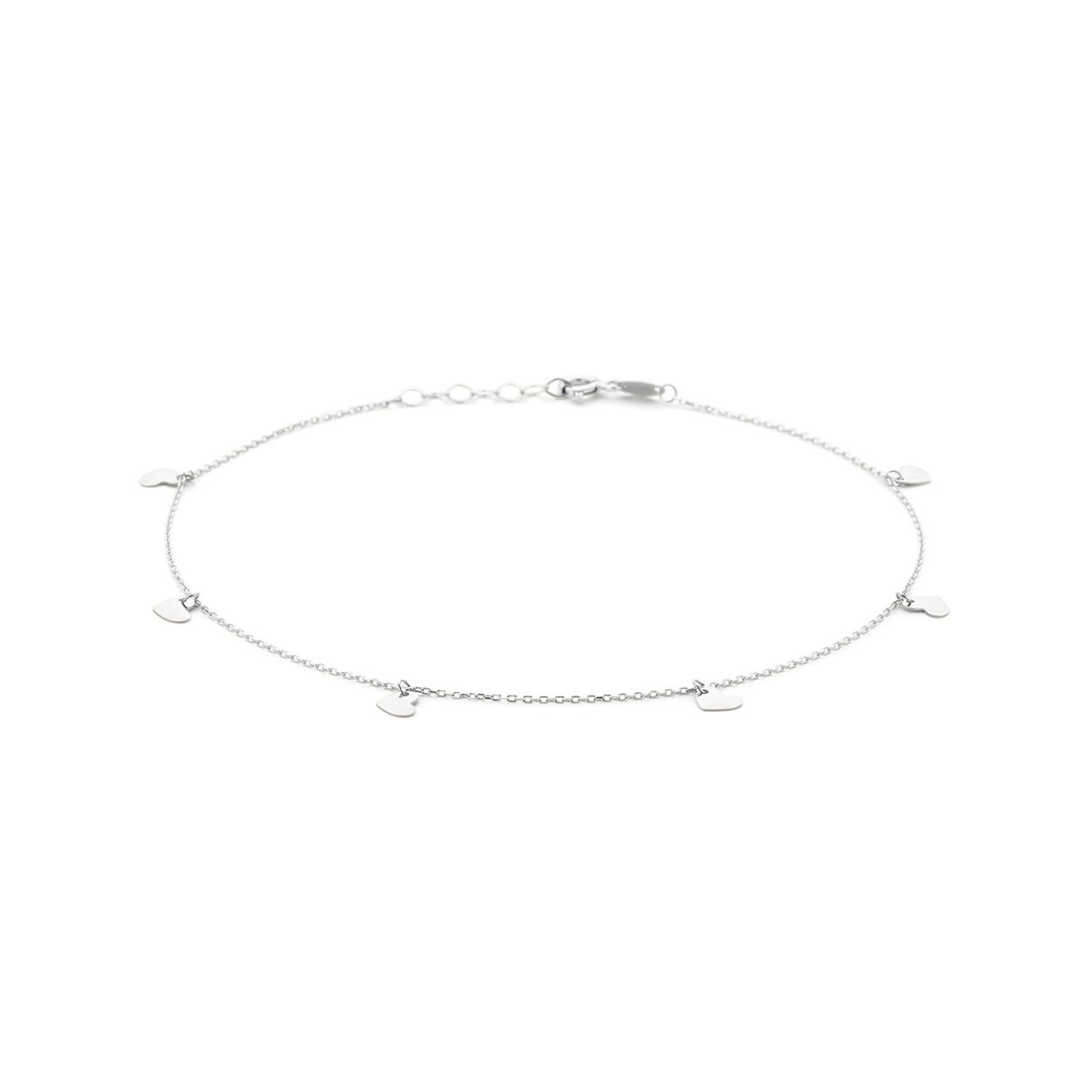Gerhodineerd 925 zilveren enkelbandje uitgevoerd met hartjes. Het enkelbandje heeft een draaglengte van 24cm met een extensie van 2cm. De hartjes hebben een afmeting van 5.5x4.5mm. De schakelbreedte is 1mm.