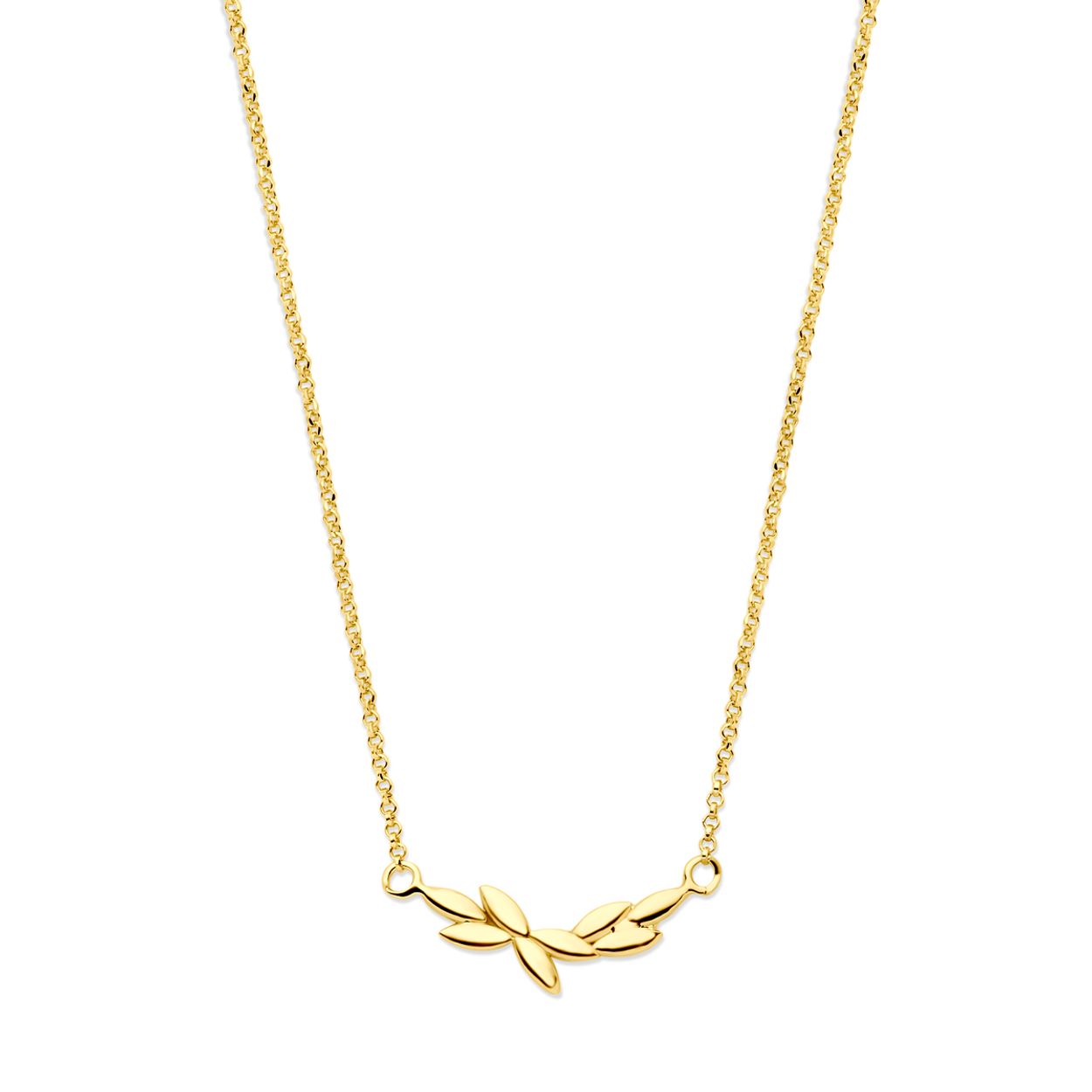 Geelgoud op 925 zilveren collier. Het collier heeft een draaglengte van 40cm en een extensie van 5cm. De schakelbreedte is 1.4mm. Uitgevoerd met een karabijn sluiting. Geen garantie op de plating.