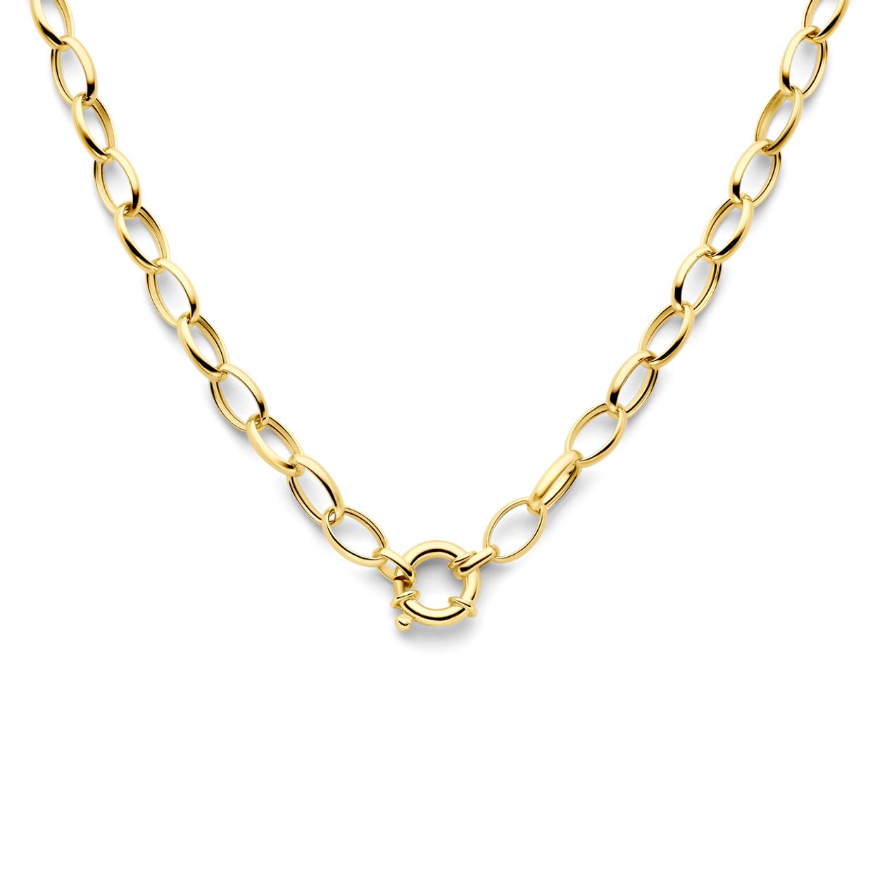Geelgoud op 925 zilveren collier. Het collier heeft een draaglengte 45cm. De schakelbreedte is 8.3mm. Uitgevoerd met een groot veerslot. Geen garantie op plating.