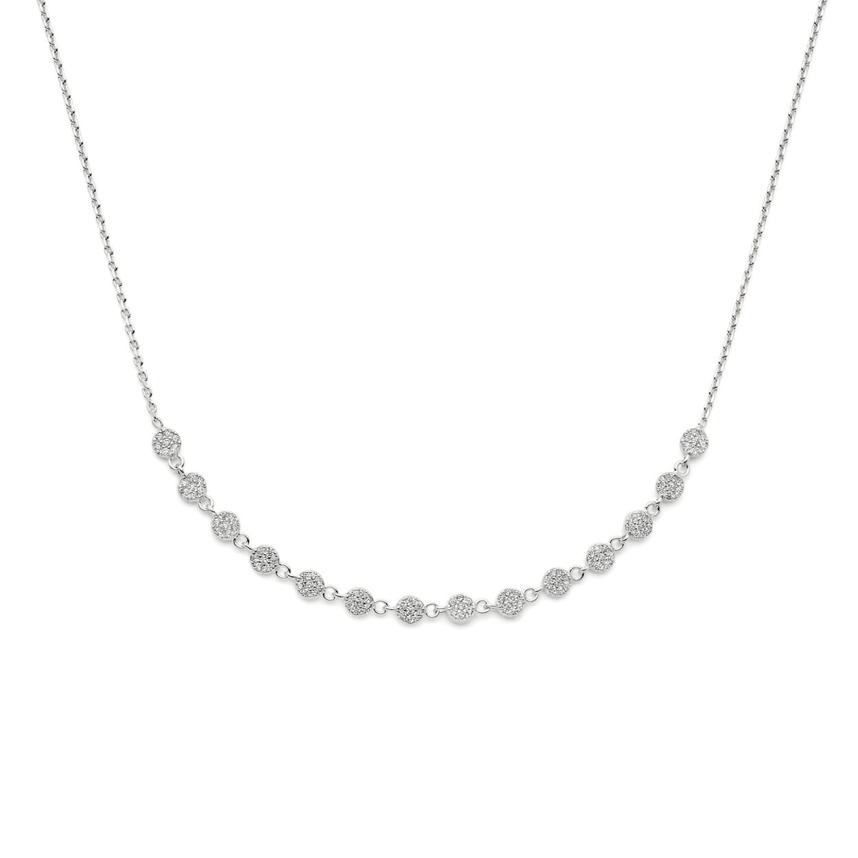 Gerhodineerd 925 zilveren collier uitgevoerd met zirkonia. Het collier heeft een draaglengte van 40cm en een extensie van 5cm. De schakelbreedte is 1.3mm. Uitgevoerd met een karabijn sluiting.