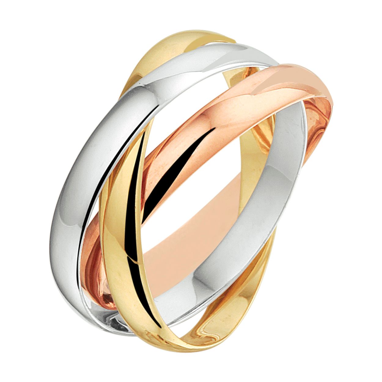 Tricolor wit-, rose- en geelgouden ring bestaande uit 3 in elkaar geplaatste losse ringen. De losse ringen hebben elk een breedte van 2.8mm.