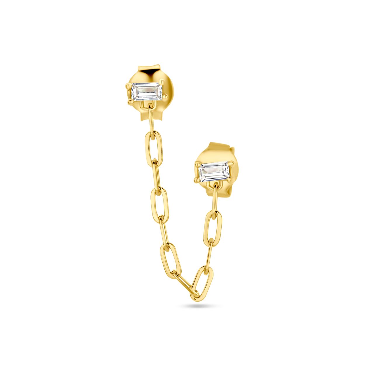 Geelgoud op 925 zilveren oorknop uitgevoerd met zirkonia. De oorknop heeft een totale lengte van 3.5cm en een schakelbreedte van 1.7mm. De oorknop wordt per stuk verkocht. Geen garantie op de plating.