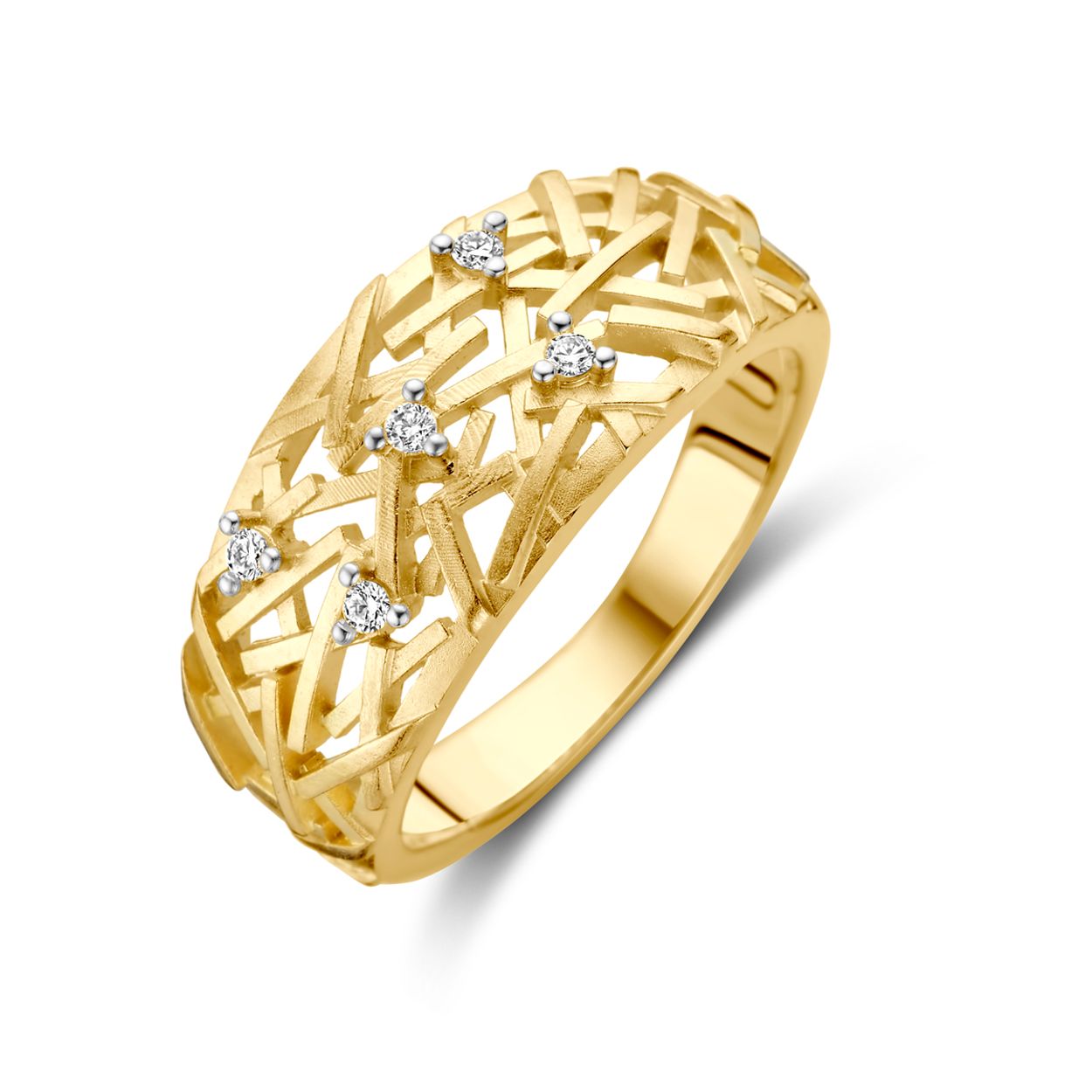 14k Geelgouden ring uitgevoerd met diamant. De breedte van de ring is 9mm. Het diamantgewicht is 0.06ct H/Si.