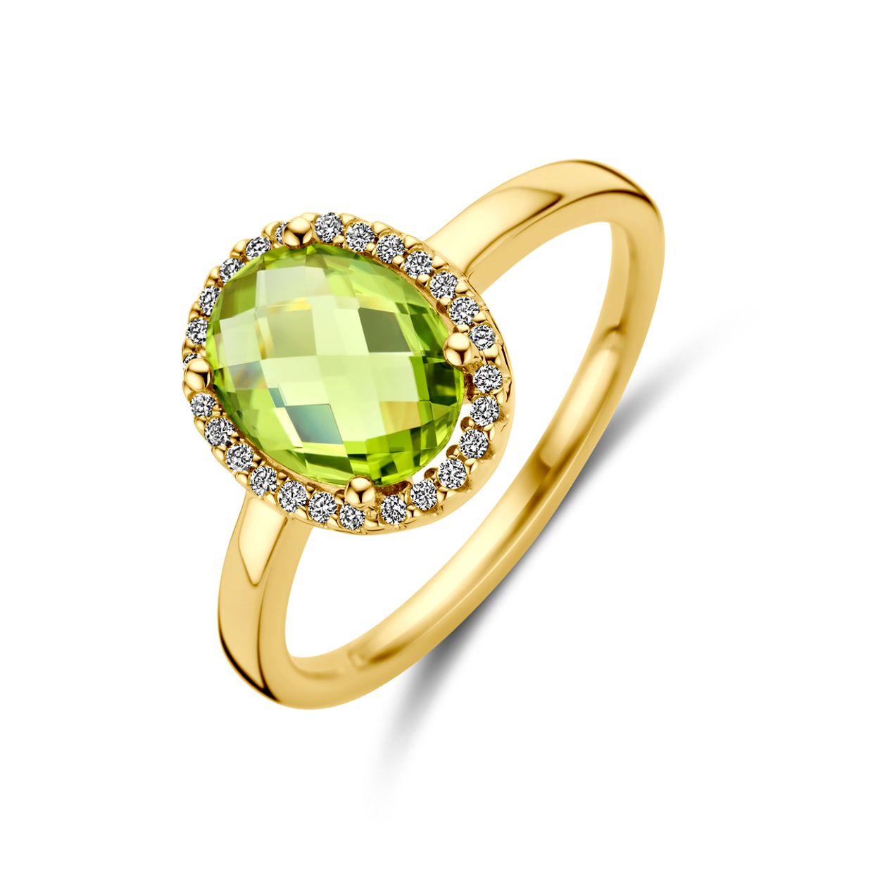 14k Geelgouden ring uitgevoerd met peridot en diamant. De ring heeft een breedte van 11.5x9.5mm. Het diamantgewicht is 0.10ct.