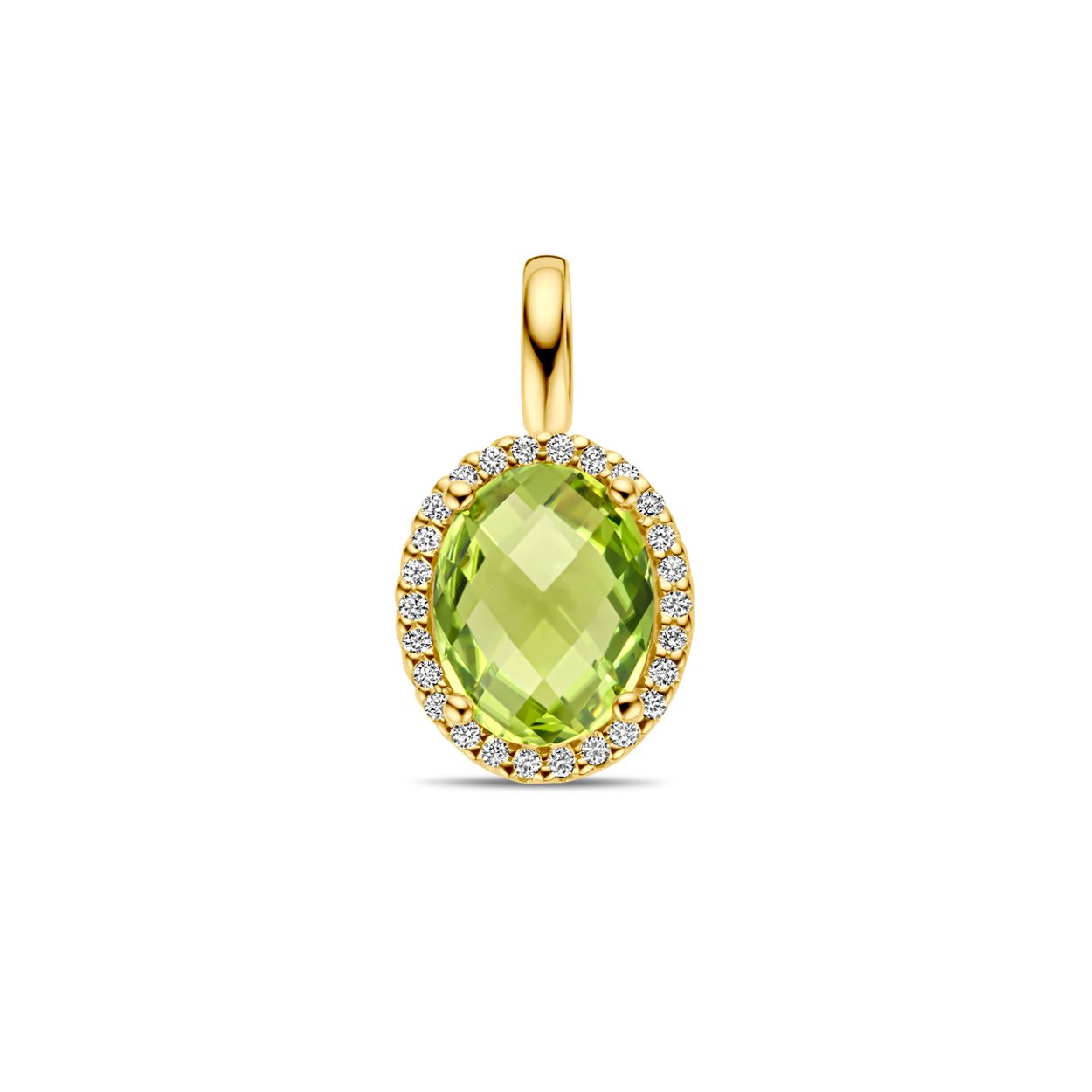 14k geelgouden hanger uitgevoerd met peridot en diamant. De hanger heeft een afmeting van 17.5x9.5mm. Het diamantgewicht is 0.09ct.