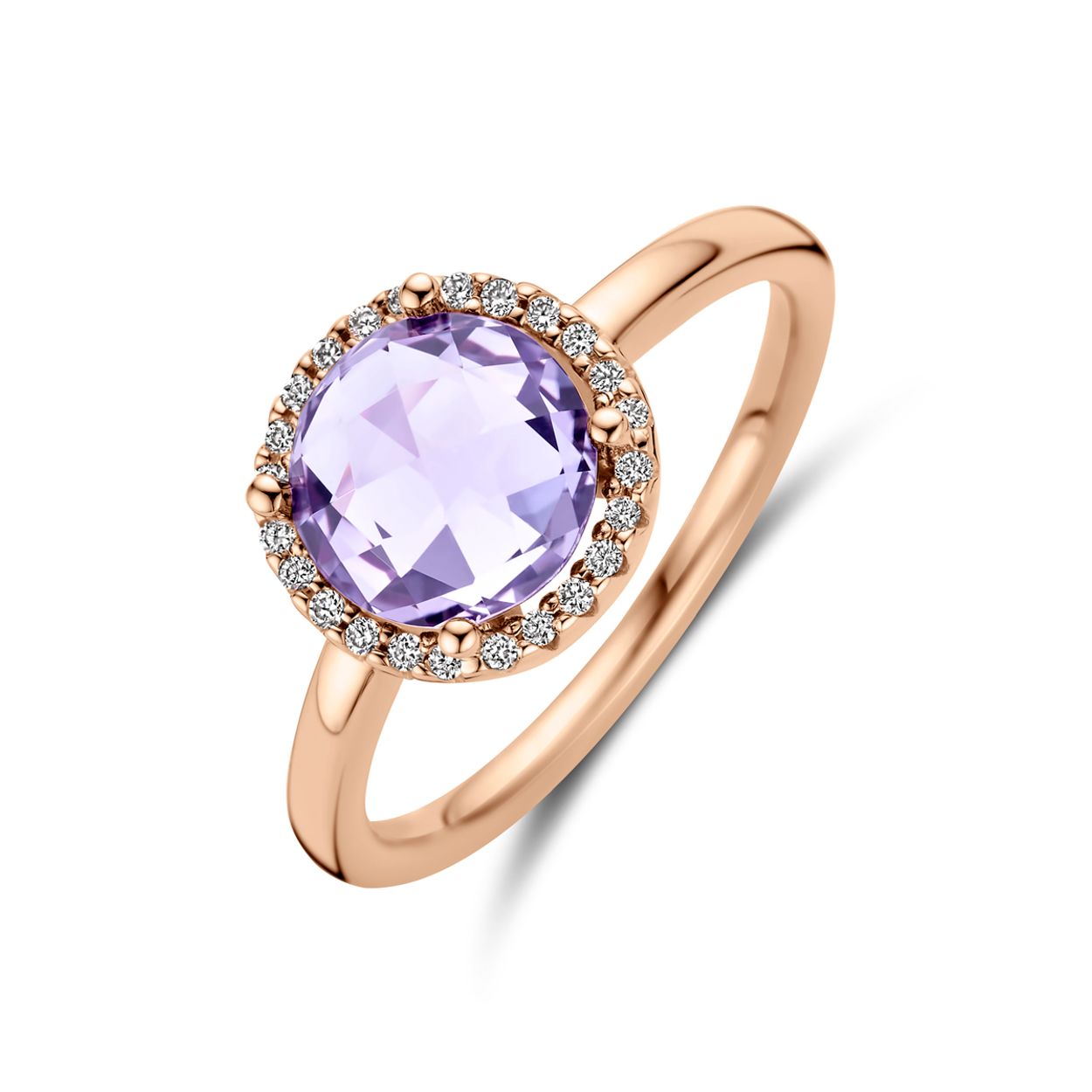 14k Roségouden ring uitgevoerd met amethist en diamant. De ring heeft een breedte van 10.5mm. Het diamantgewicht is 0.09ct.