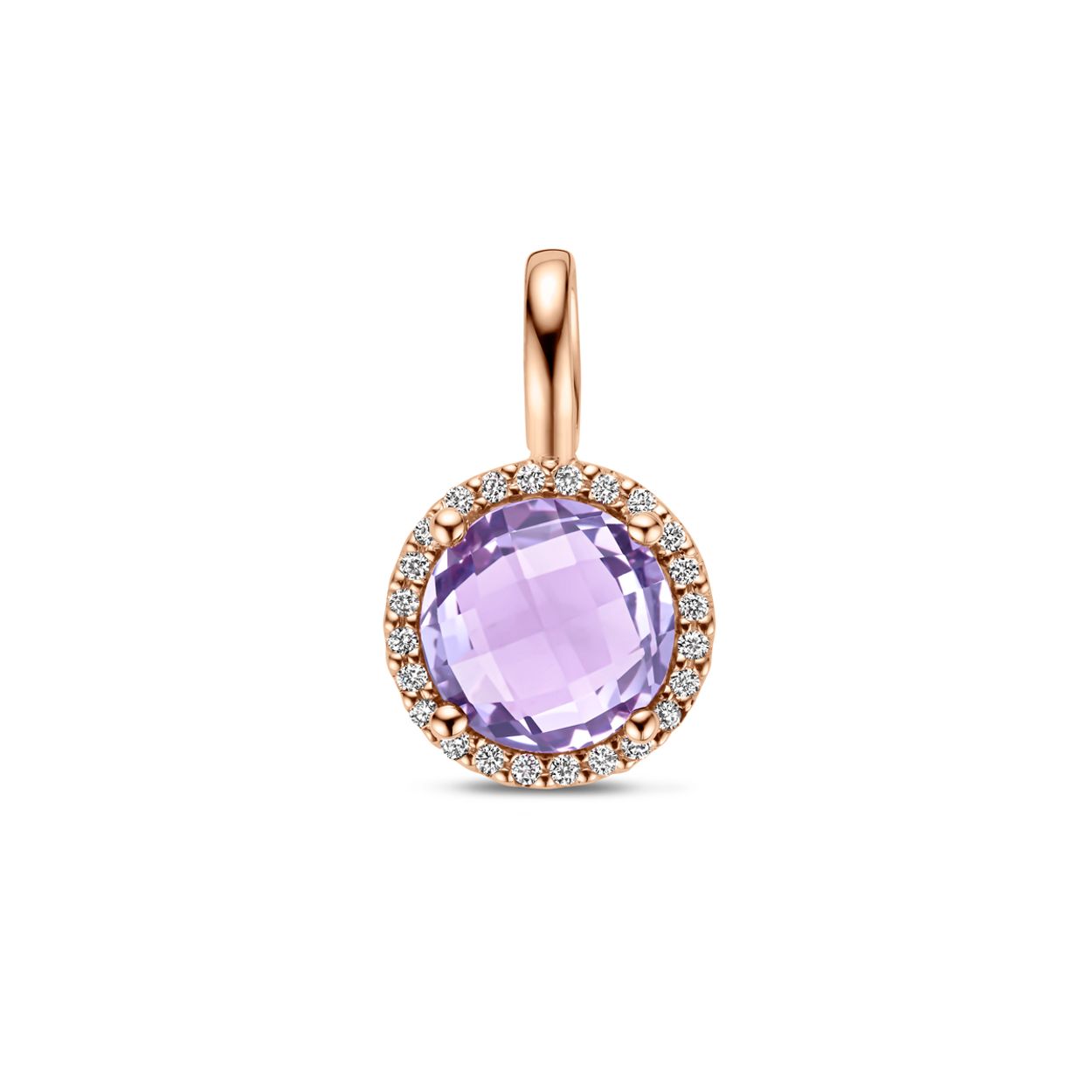14k Roségouden hanger uitgevoerd met amethist en diamant. De hanger heeft een afmeting van 17x10.5mm. Het diamantgewicht is 0.09ct.