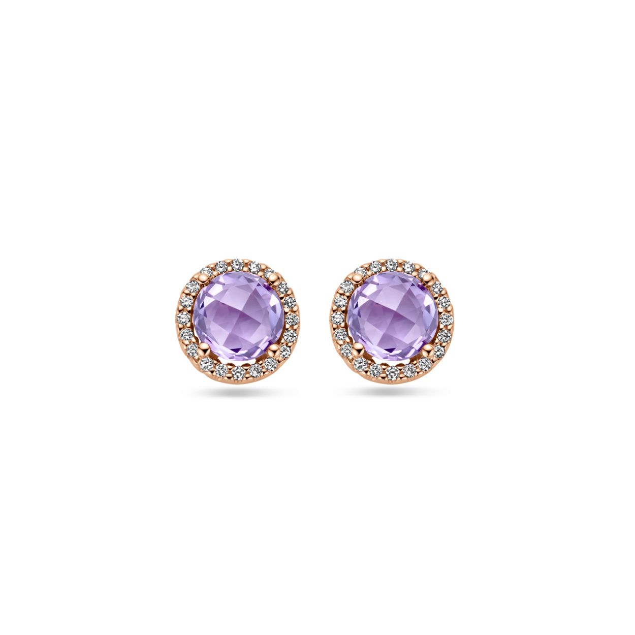 14k Roségouden oorknoppen uitgevoerd met amethist en diamant. De oorknoppen hebben een diameter van 8.5mm. Het diamantgewicht is 0.13ct (2x 0.065ct).