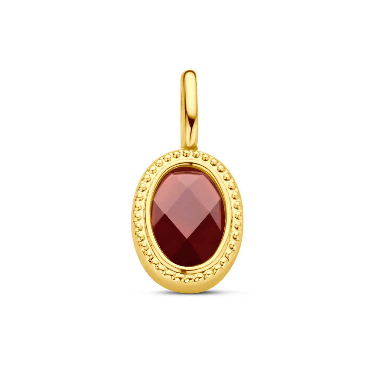 14k Geelgouden hanger uitgevoerd met granaat. De hanger heeft een afmeting van 14.5x7.5mm.